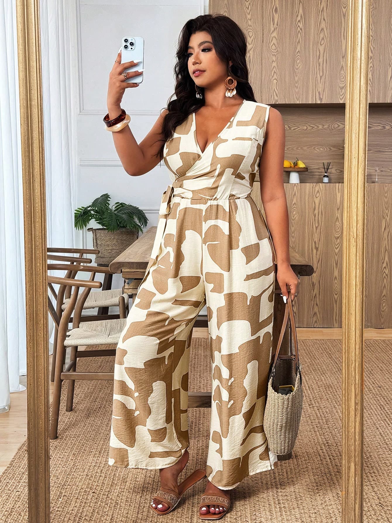 Weeklong Plus Size Women's V-Neck Sleeveless Wide Leg Jumpsuit, Floral Print Cinched Waist Elegant Casual Outfit, Beige Autumn Boho Vacation Holiday Summer Sets