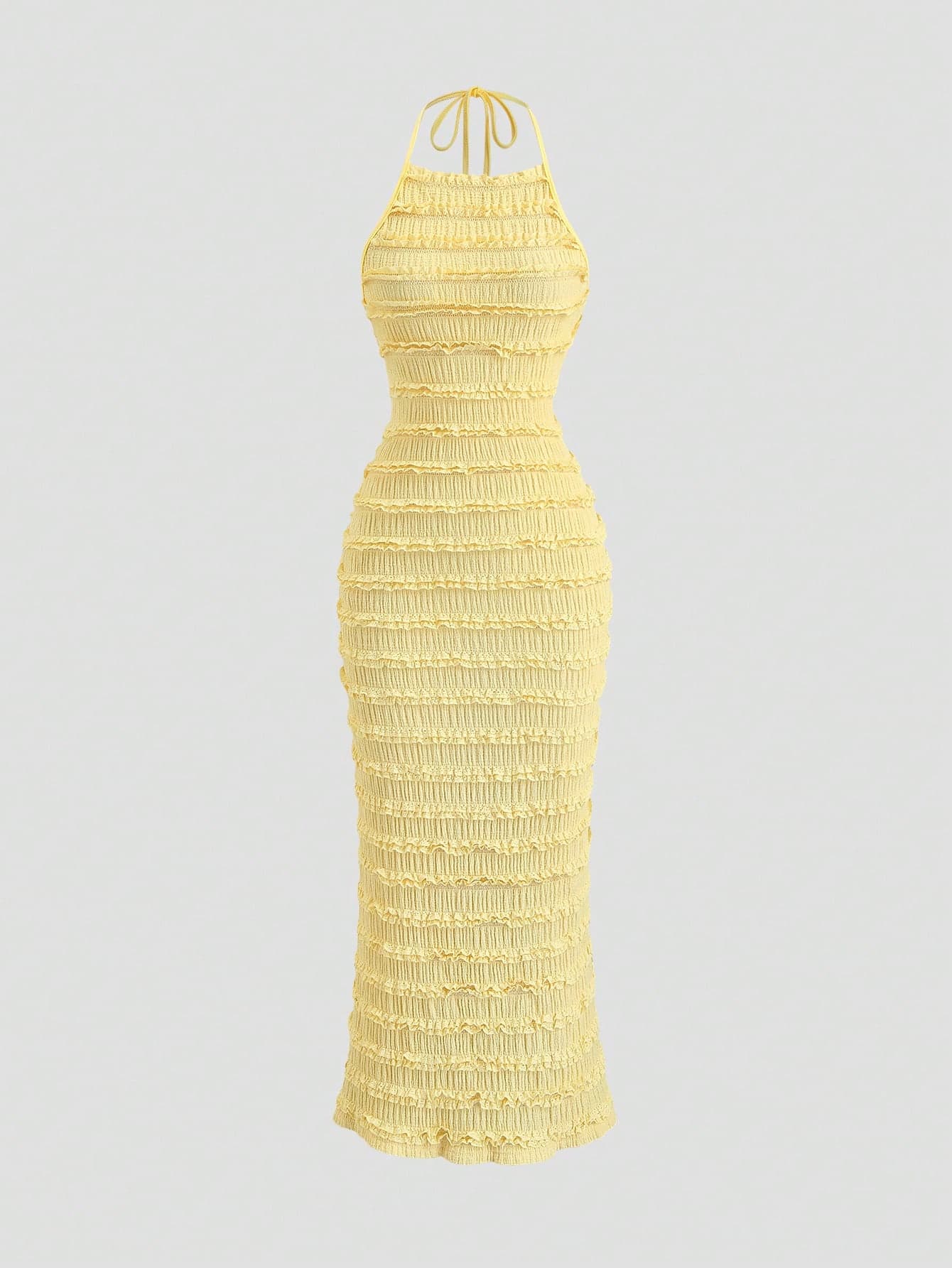 Sweetra Women's Light Yellow Pleated Spaghetti Strap Lace Halter Neck Maxi Dress, Romantic Sexy Resort Style, Spring/Summer