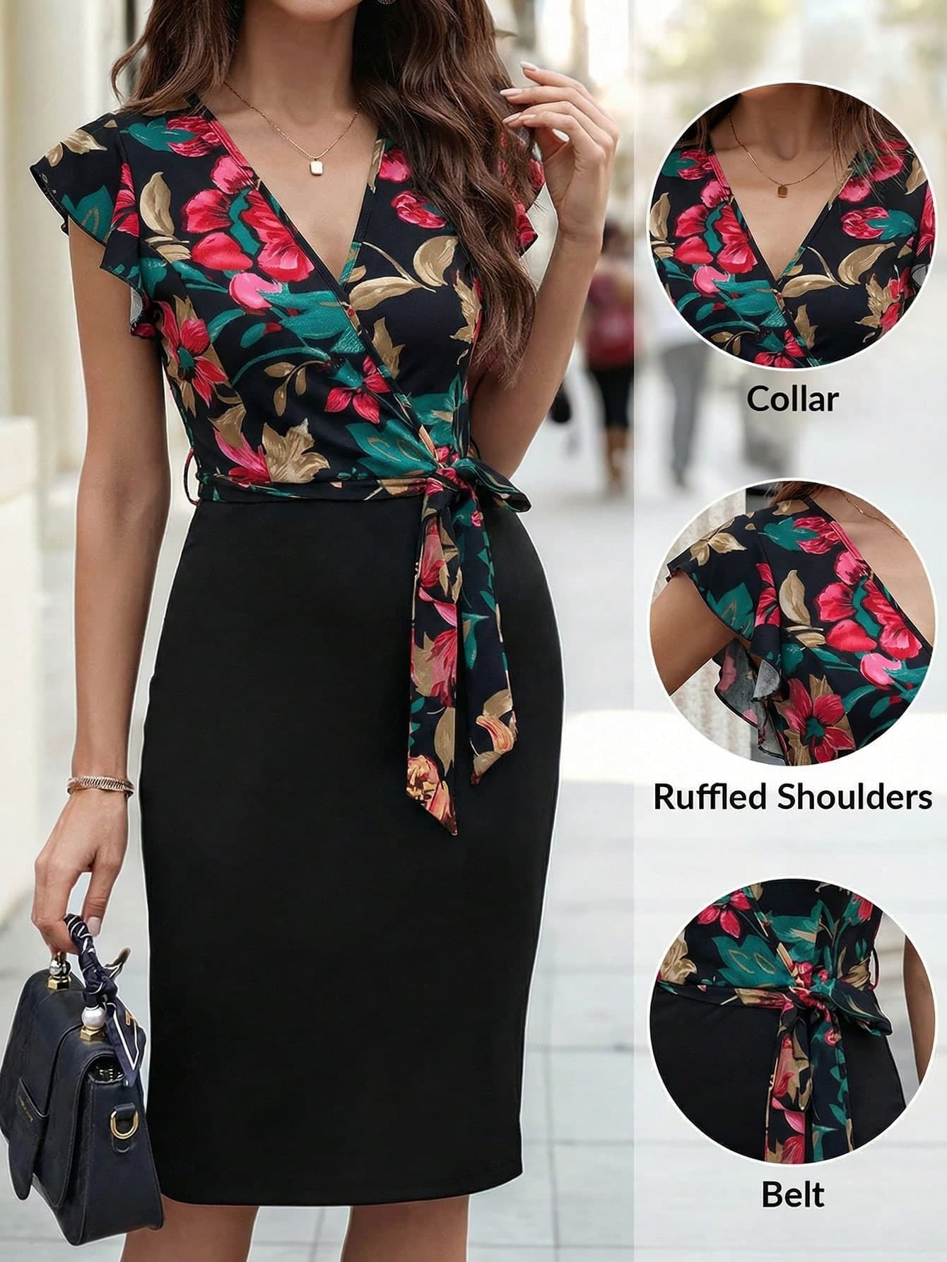 SHEIN Clasi Women's Floral Print V-Neck Cap Sleeve Midi Dress, Elegant Holiday Wear Summer Outing/Commuting Retro Color Block Elastic Waist Tie