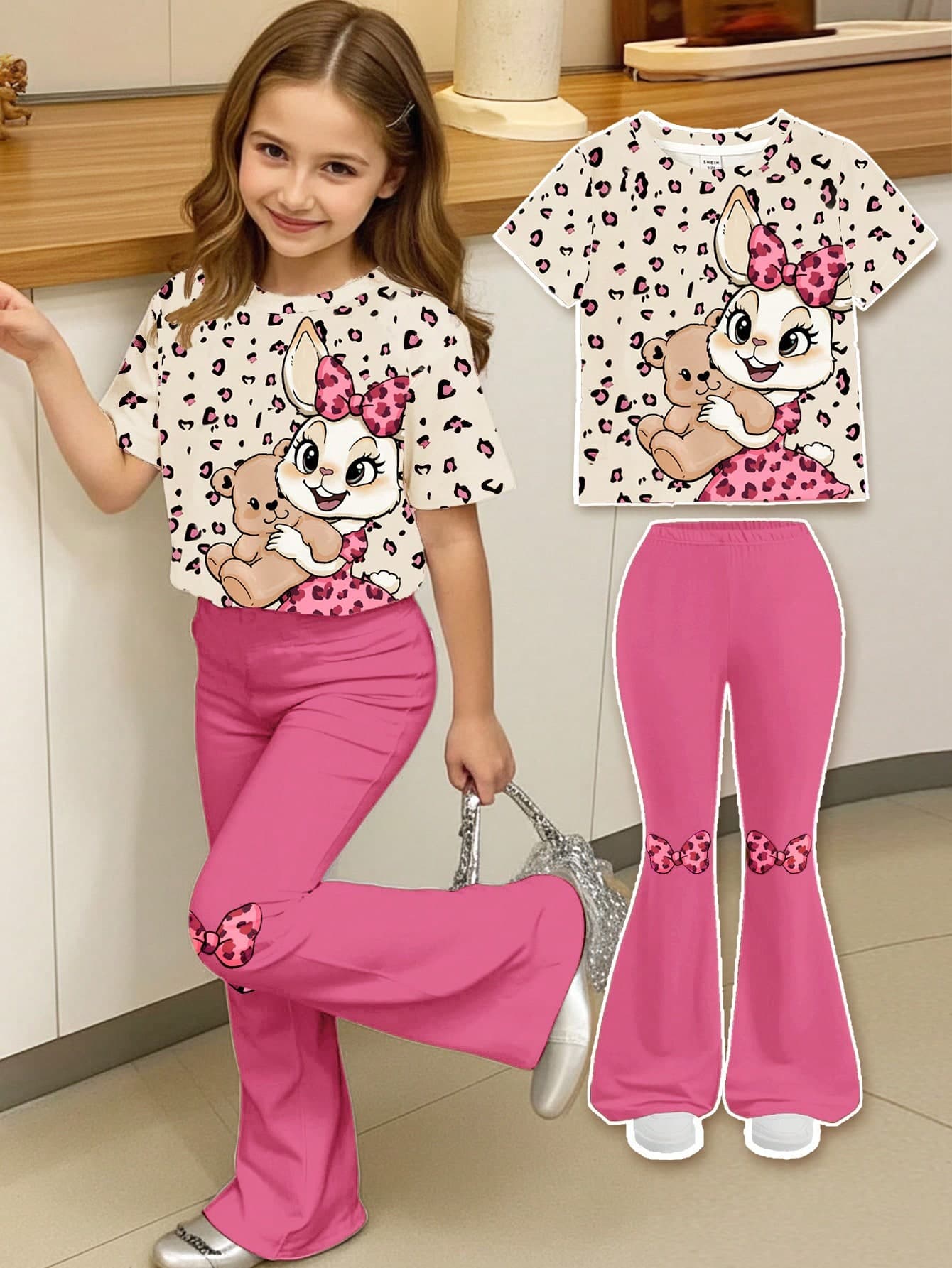 Young Girl Cartoon Print Short Sleeve T-Shirt And Flare Pants 2-Piece Set,Casual Leopard Rabbit Graphic Light Pink Summer Outfit For School & Sports