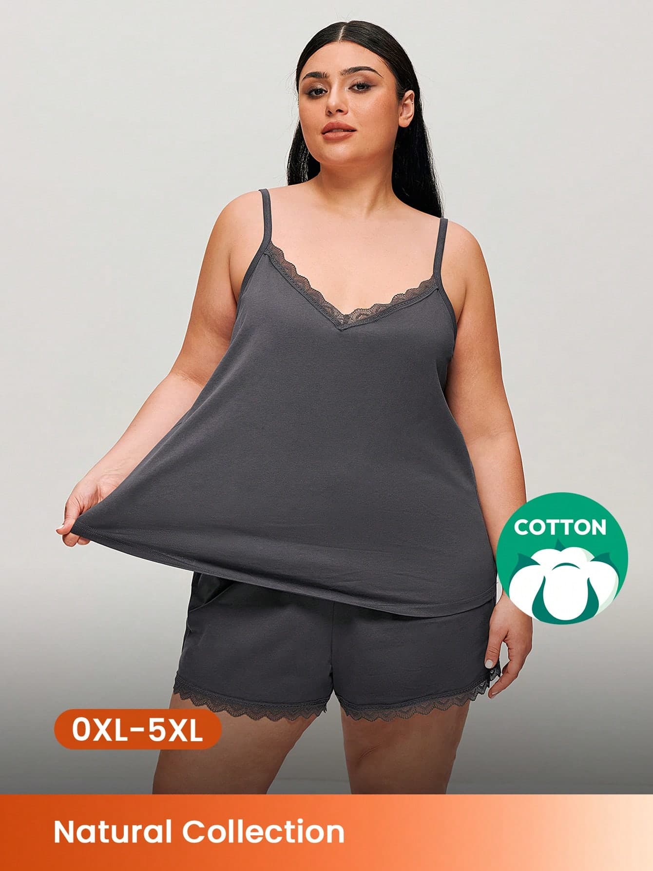 LUVLETTE Plus Size Summer Women Dark Gray Soft 100% Pure Cotton Pajamas Sets Lace Cami & Shorts PJ Set Lounge Set Lingerie Pajama Sets For Women