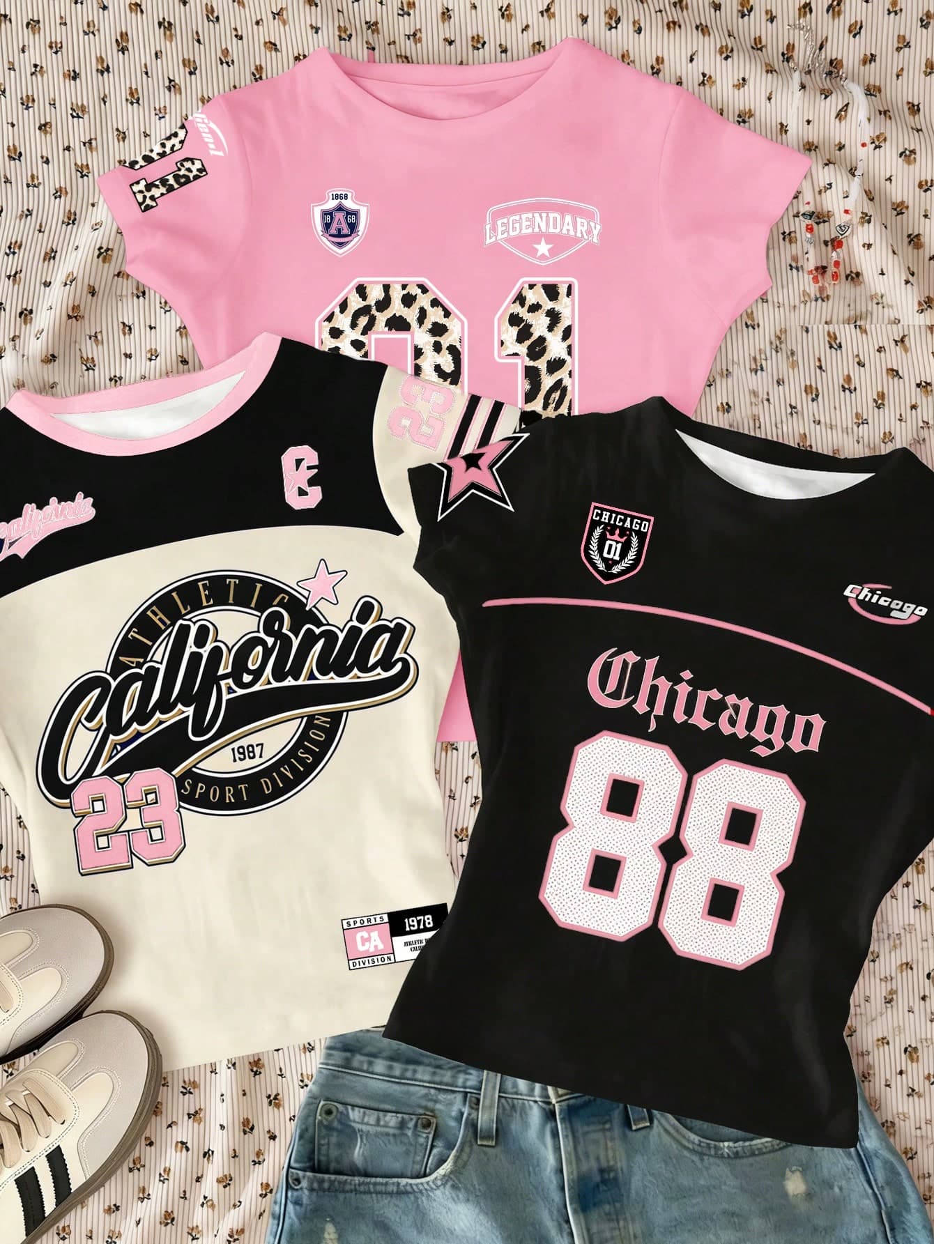3pcs/Set Teen Girls Slim Fit Pink T-Shirts,Y2k Summer Back-To-School Number Graphic Tee,Colorblock Short Sleeve Streetwear,Holiday Athletic Style Kids