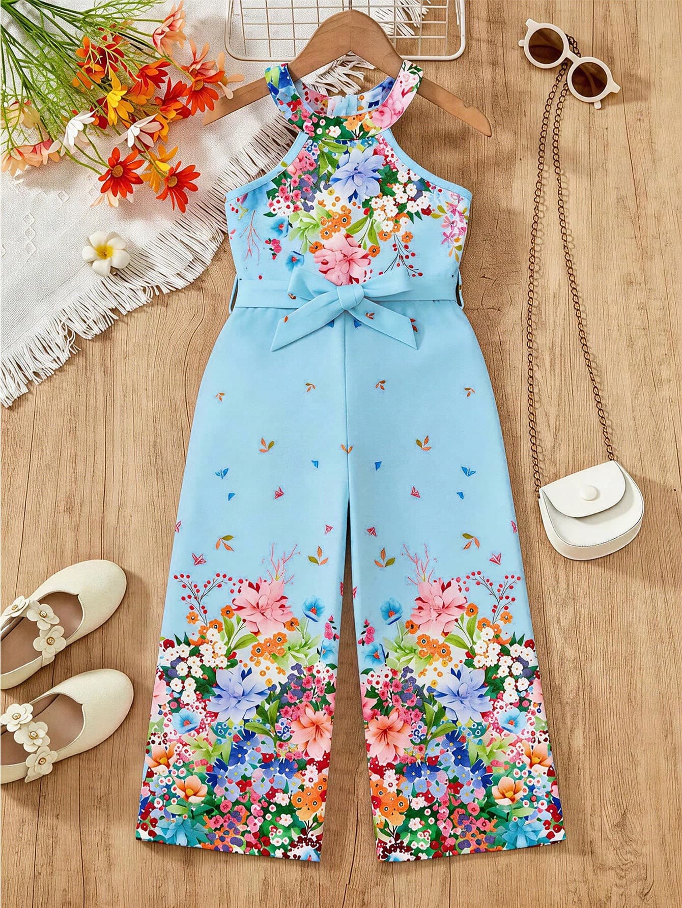 Young Girl Floral Print Knotted Casual Jumpsuit For Daily Wear