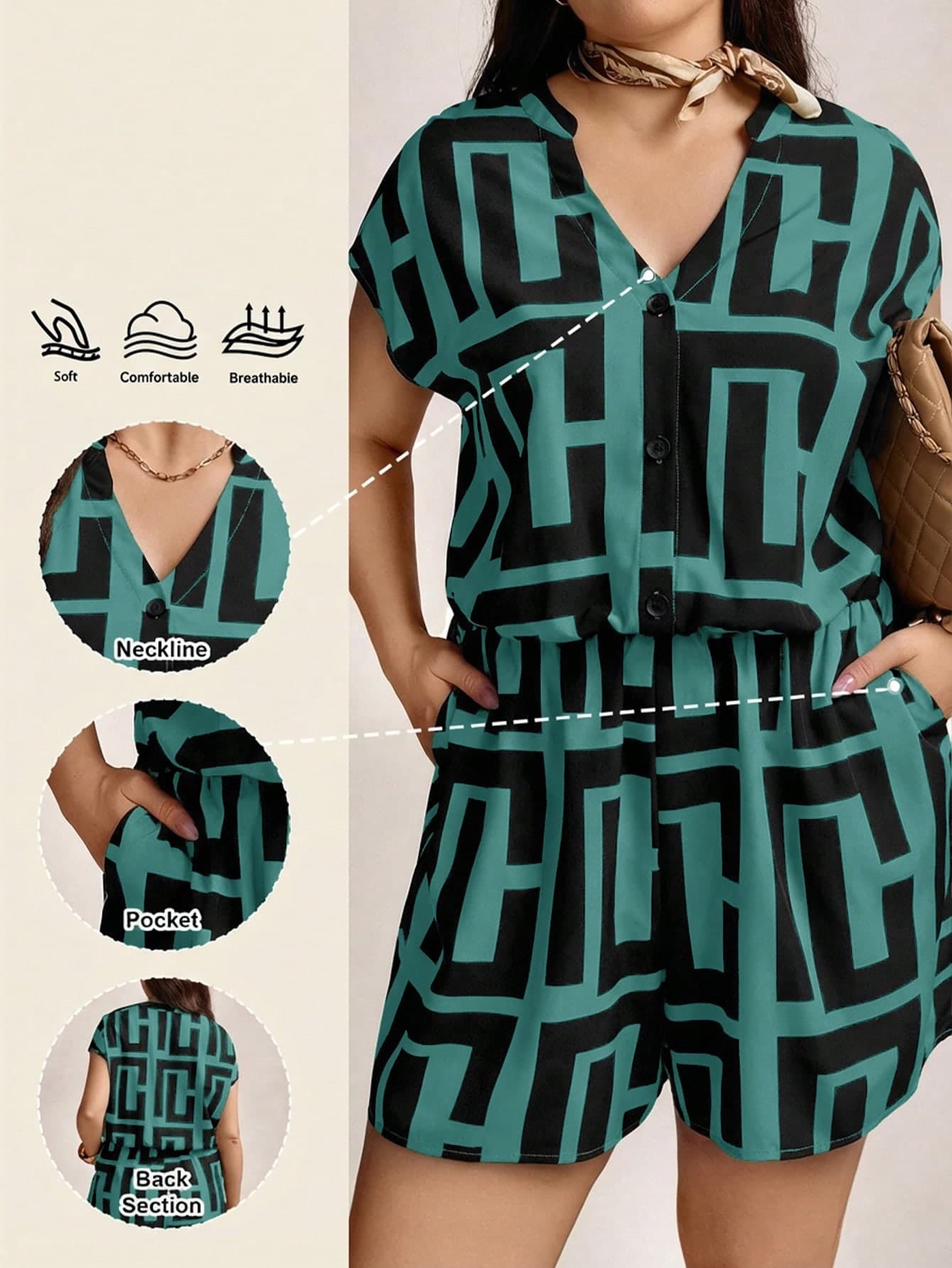 Zelara Plus-Size Women's Summer Navycore Jumpsuit,Asymmetrical Geometric Print Co-Ords Set,Black And Gold,Smart Casual,Vacation Coastal Nautical Outfit