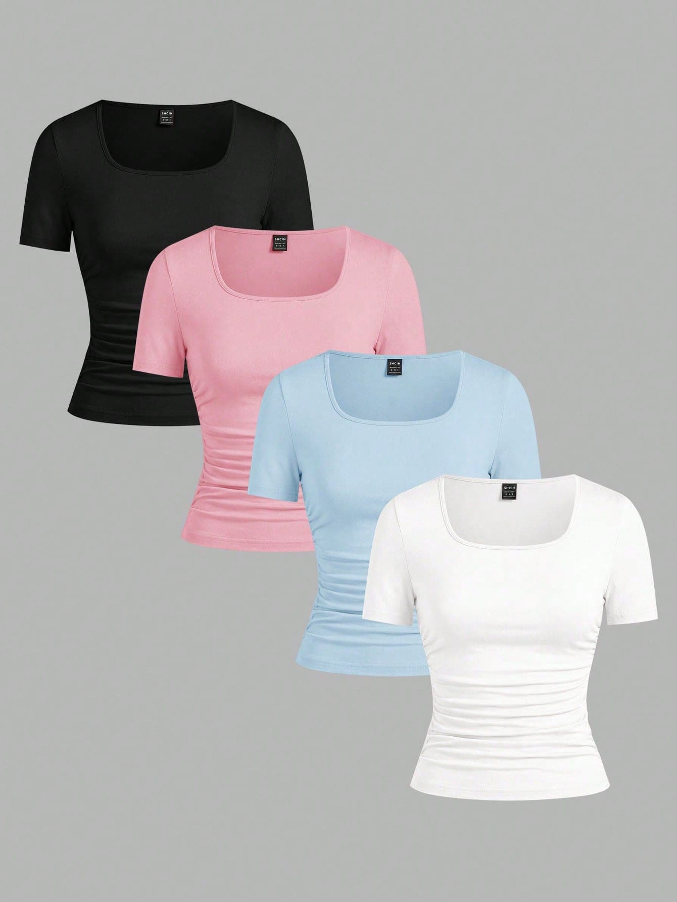 SHEIN EZwear 4pcs/Set Women's Casual Minimalist Solid Color Crew Neck Short Sleeve T-Shirts,Slim Fit Tight Summer Top,White Everyday Comfortable Fitted Tops