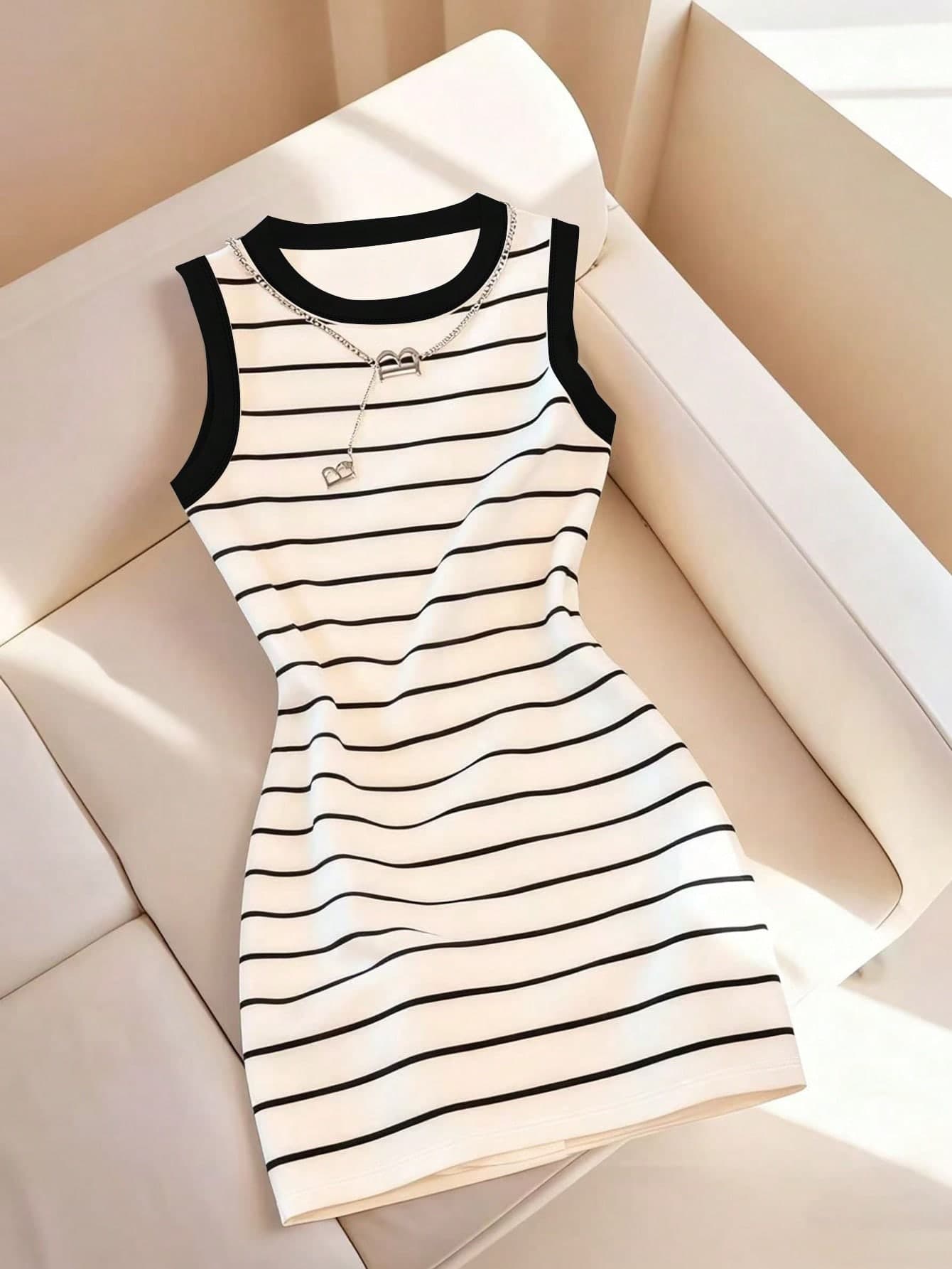 SHEIN Women's Spring/Summer New Arrival Bestselling Striped & Printed Contrast Collar & Cuff Fitted Casual Dress