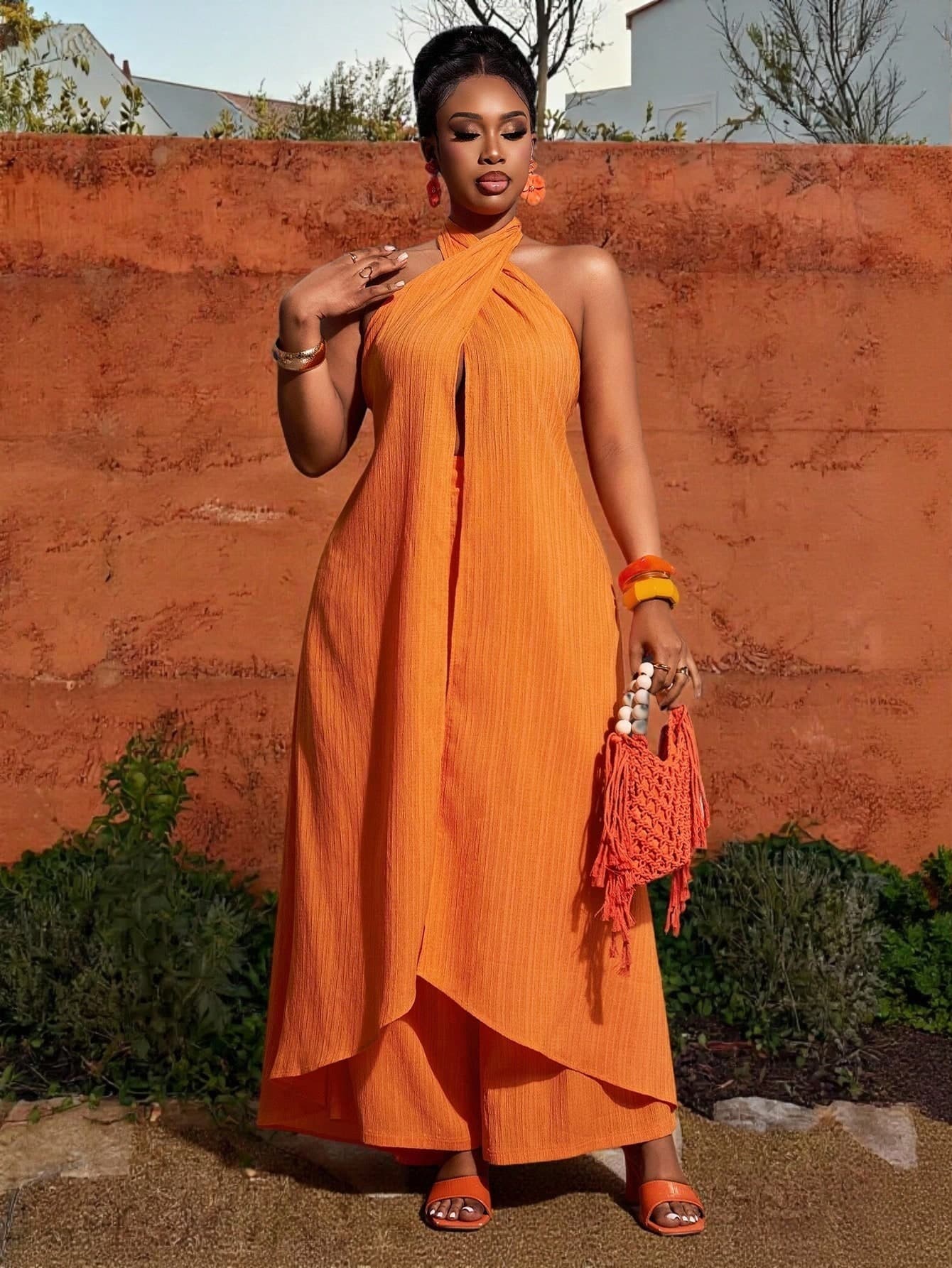 Veslaya Plus Size Women's High-End Elegant Halter Backless Jumpsuit,Orange Summer Tropical Vacation Holiday Music Festival Party Wedding Guest Wrap Dress