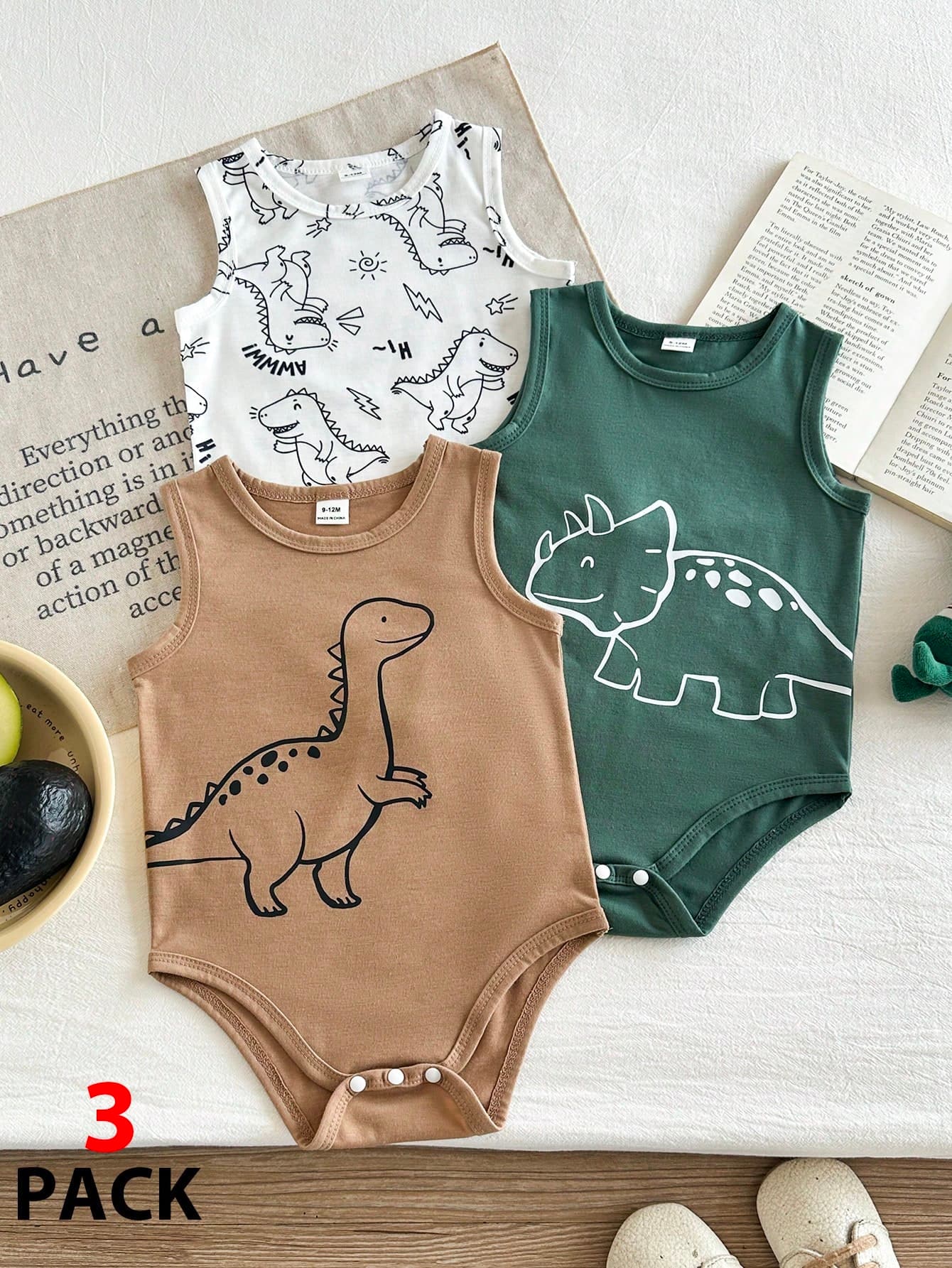 SHEIN 3pcs Baby Boy Cartoon Dinosaur Print Bodysuit Set