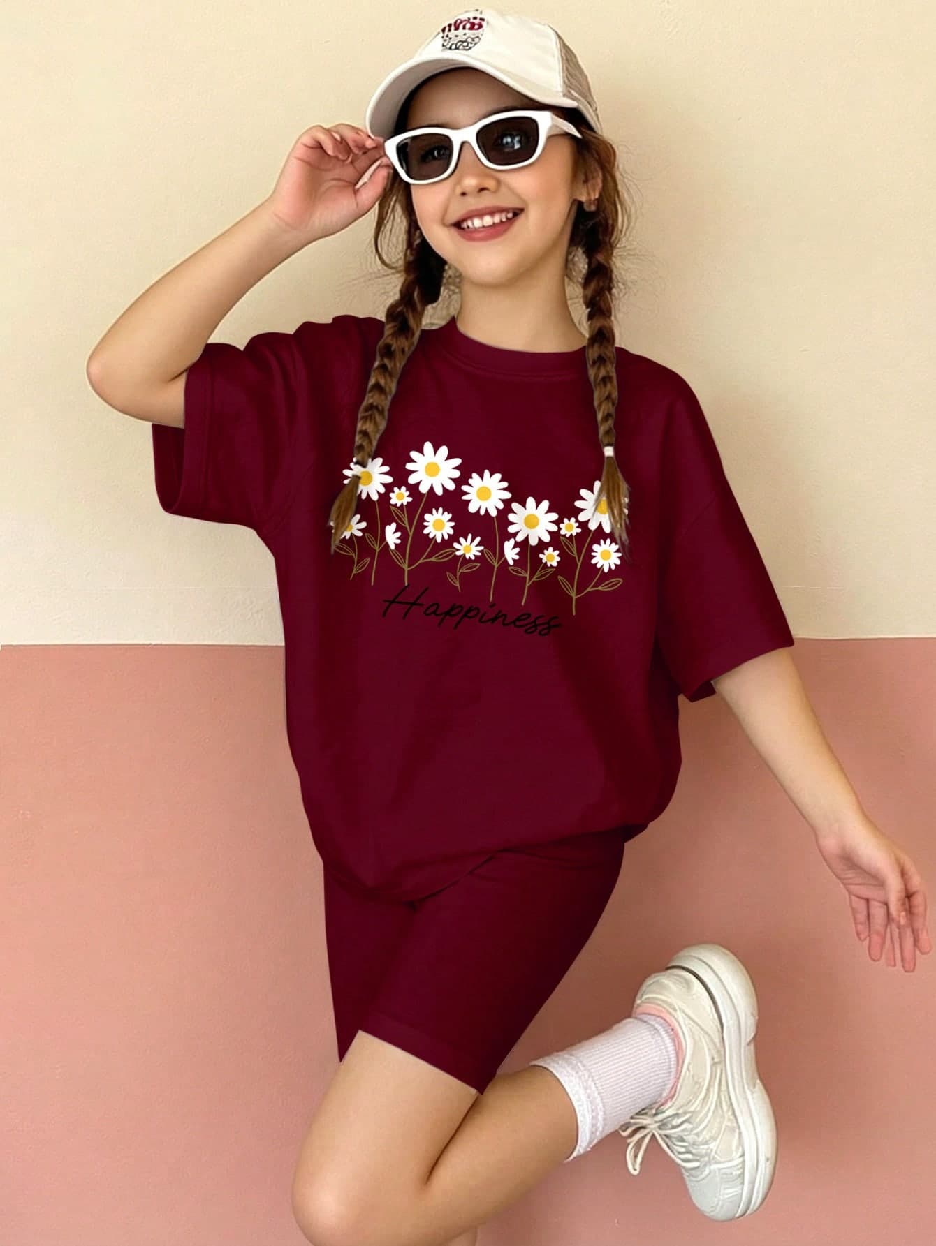 Burgundy Floral Print Casual Soft Loose Round Neck Short Sleeve T-Shirt And Tight Cycling Shorts 5-Piece Set,White,Summer,Holiday,Street Style,Outing