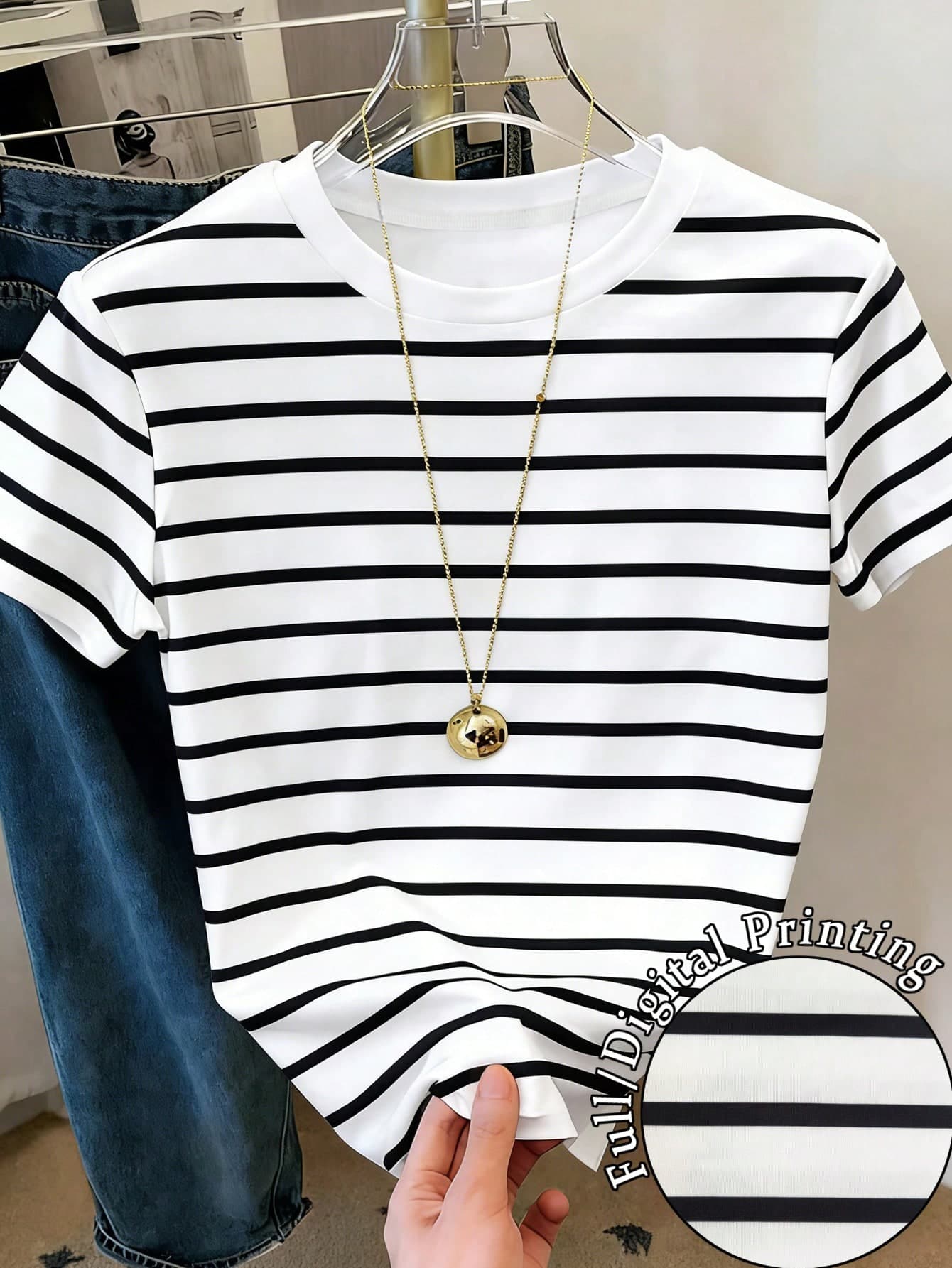 Resyla Women's Round Neck Striped Casual Versatile Daily Wear Short Sleeve T-Shirt