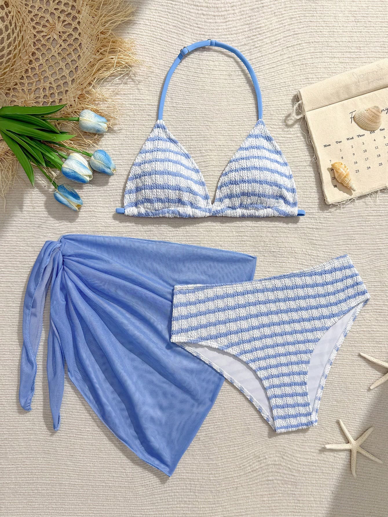 SHEIN Teen Girls 3-Piece Striped Bikini Set,Blue Halter Triangle Top,Mid Waist Bottom With Sarong,Summer Beach Holiday Fashionable Elegant Swimwear Outfit