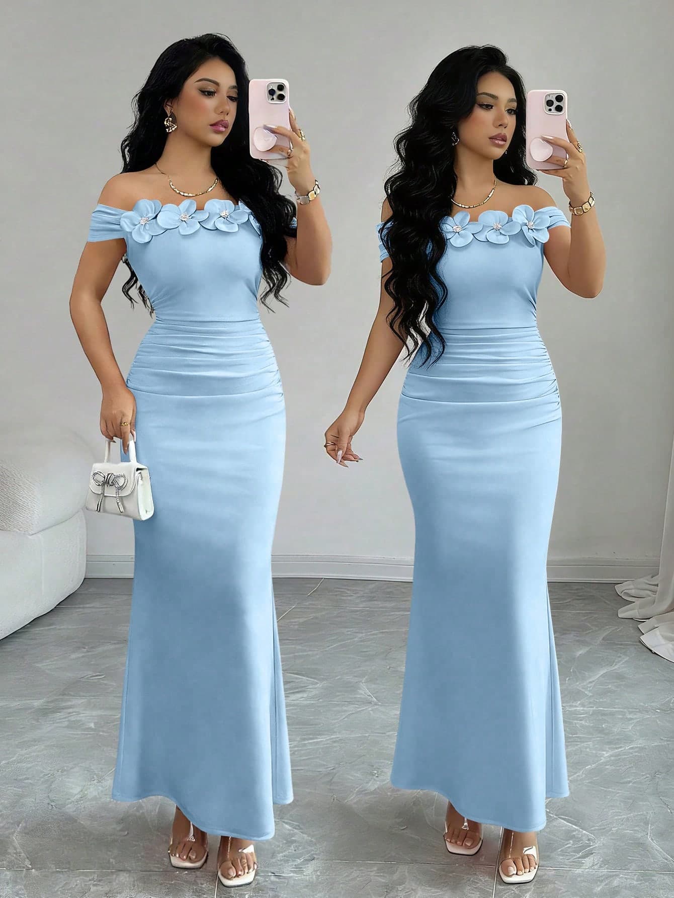 Rafferiza Elegant, Charming, Sexy Off-Shoulder Ruched Floral Knit Bodycon Dress For Party, Holiday, Spring/Summer