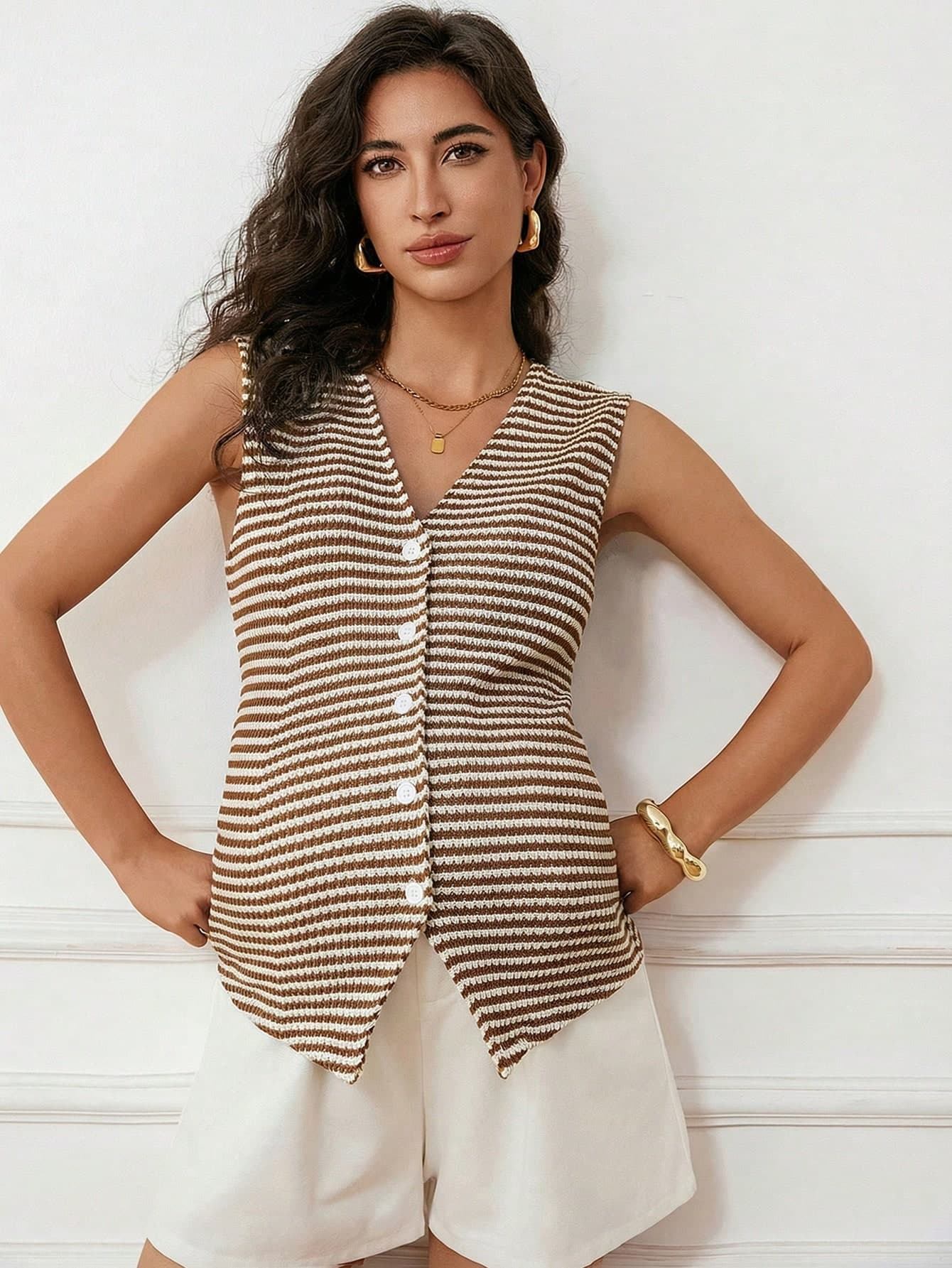 MaterniWear Striped V-Neck Single-Breasted Casual Versatile Maternity Top For Daily Wear