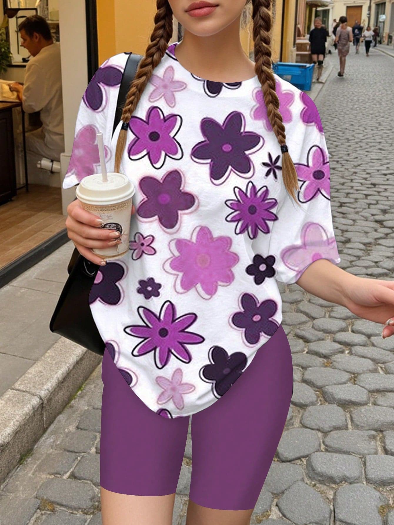 Teen Girl Casual Sweet Colorful Floral Print Set,Lavender White Short Sleeve T-Shirt And Shorts,Summer Streetwear Vacation Outdoor Flower Two Piece