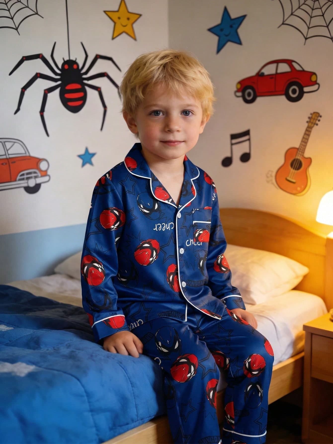 2pcs Young BoyCasual Comfortable Soft Graphic Print Knit Cardigan Jacket And Loose Pants Pajama Set