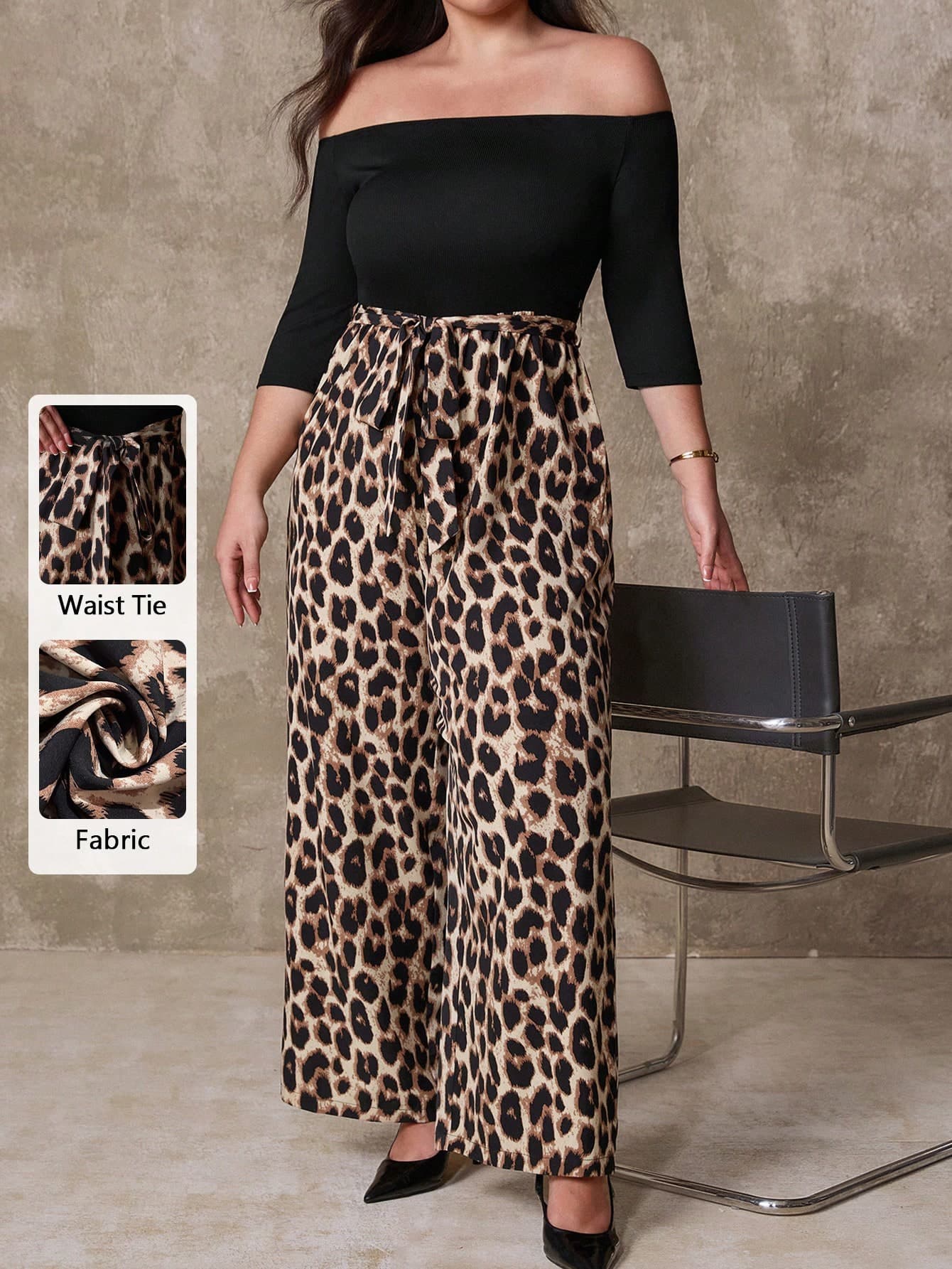 SHEIN LUNE Elegant Black Summer Night Out Club One-Neck Jumpsuit For Plus Size Women,Leopard Cheetah Print Wide Leg Pants Outfit,Casual Curve Animal Print Suit