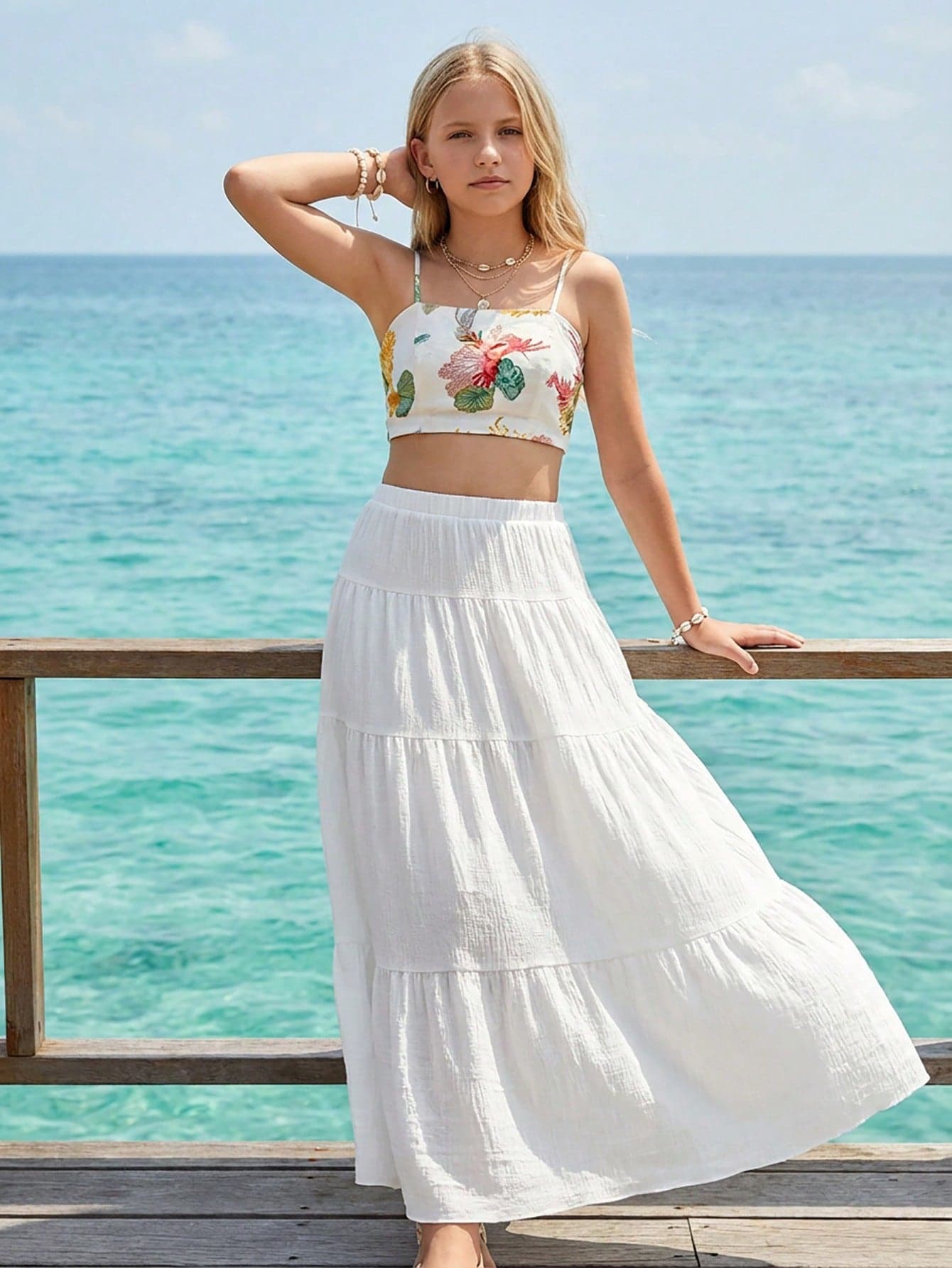 SHEIN Sparklyn Tween Girl Casual Vacation White Patchwork Skirt, Summer, Fashionable Design Versatile For Holiday, Travel, Campus And Daily Wear