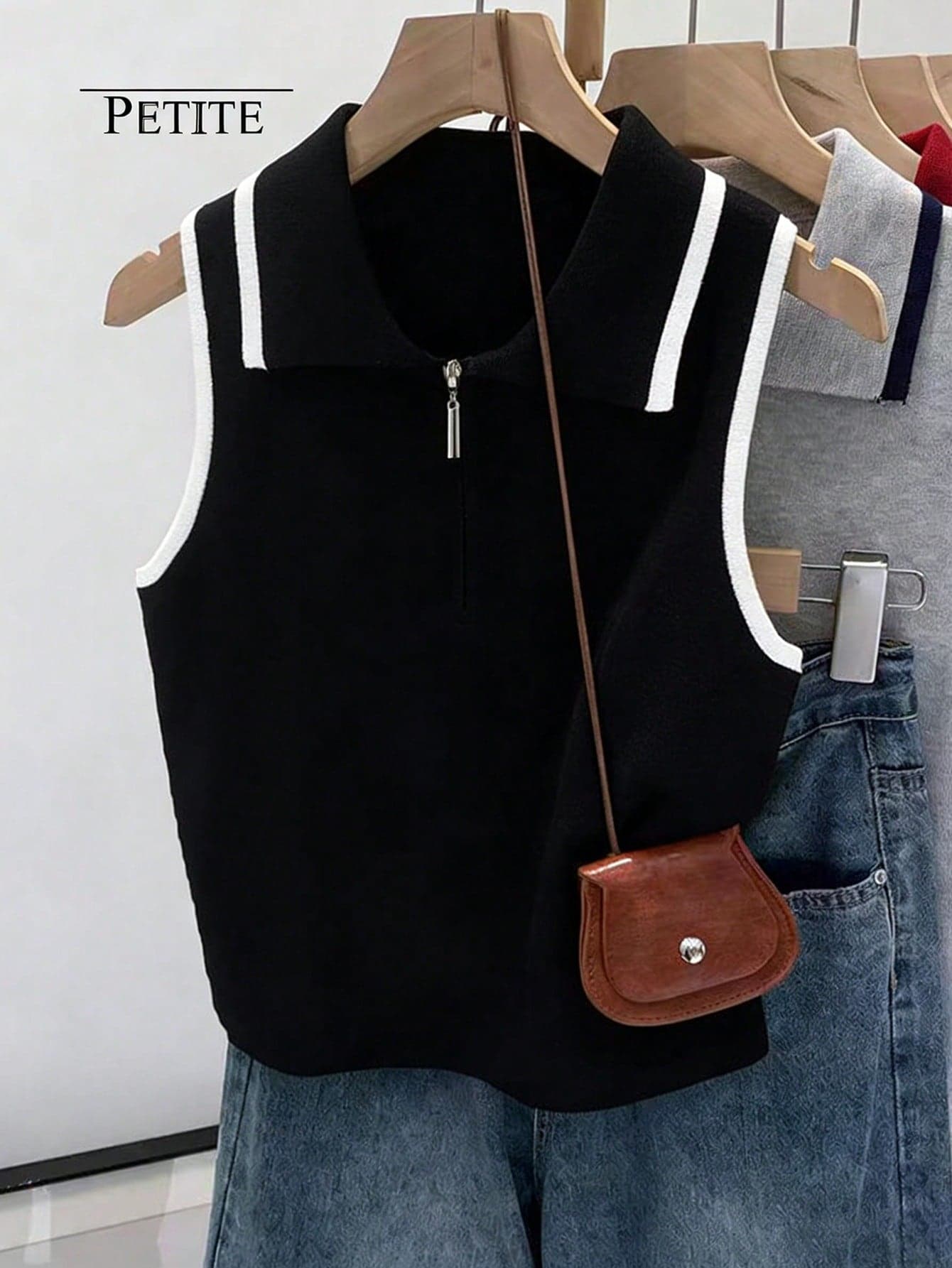 GlowEve Women's Contrast Color Patchwork Casual Knit Sleeveless Polo Neck Tank Top For Daily Commute ,Petite Women