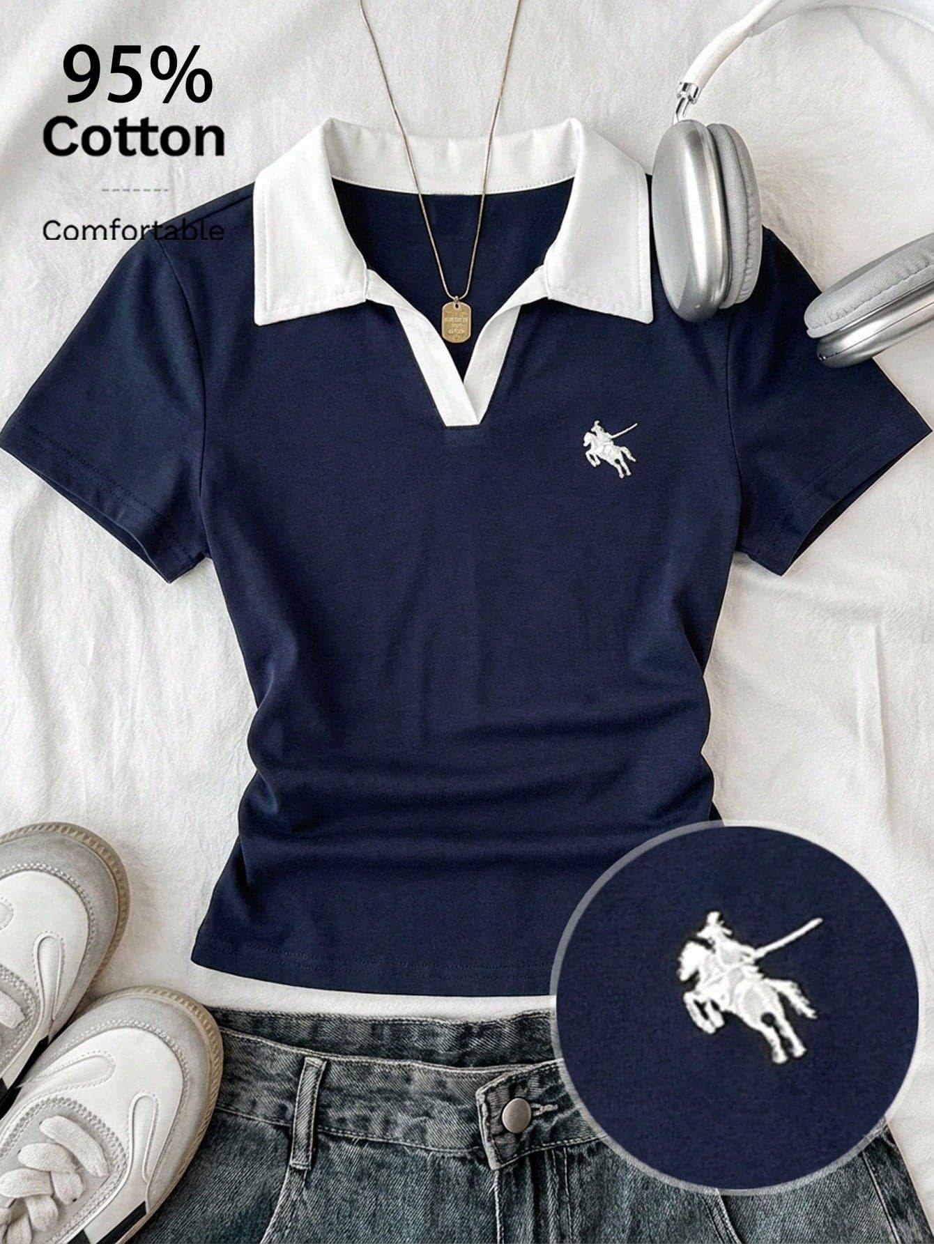 Attitoon Women's Casual Contrast Color Polo Collar Short Sleeve T-Shirt, Daily Wear,Summer Clothing,Vintage,95% Cotton,Casual,Sport,Graduation,Summer Top