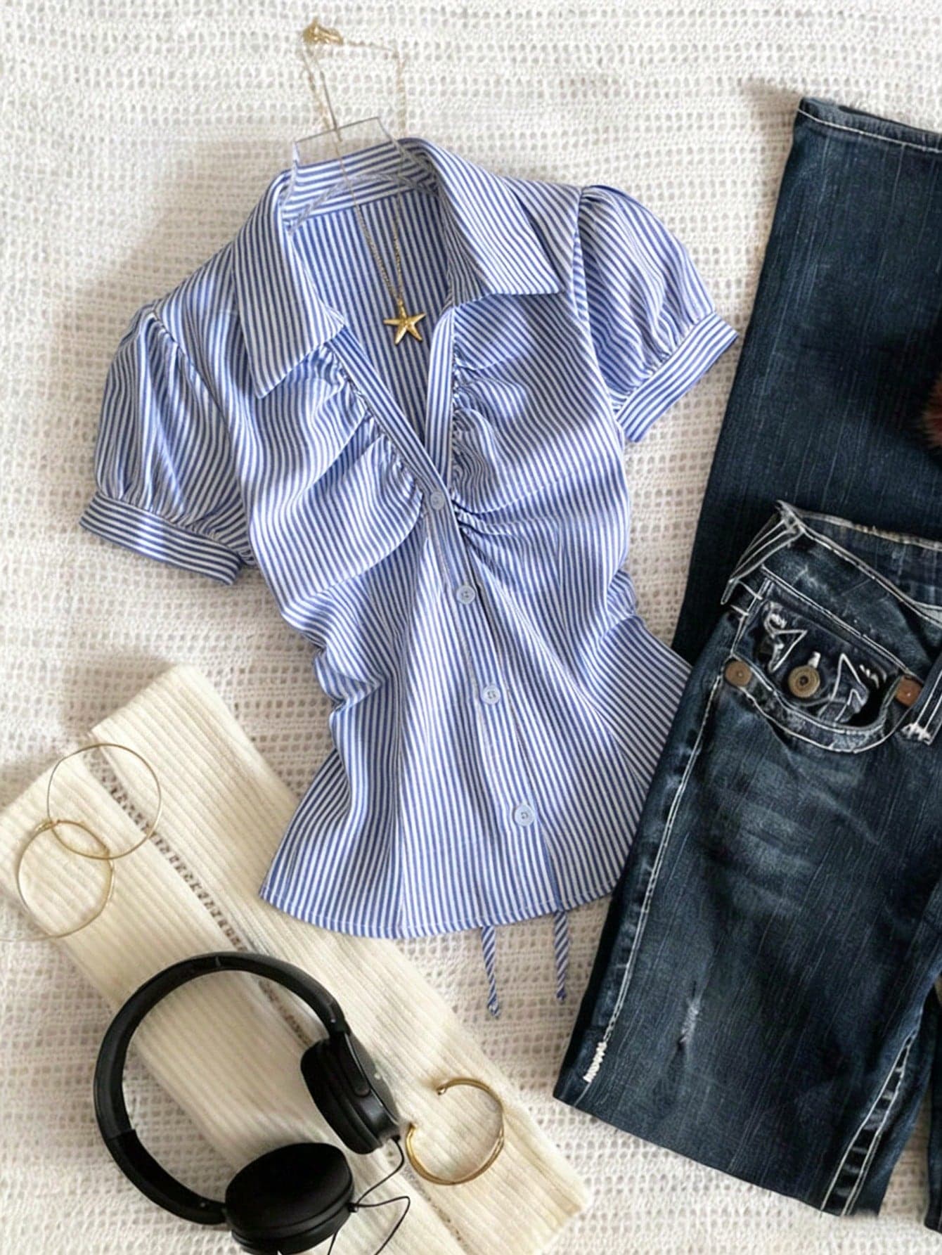 Franclia Women Blue White Stripe Button Ruched V-Collar Shirt, Summer Effortless Chic Blouse, Back-To-School , Spring Casual