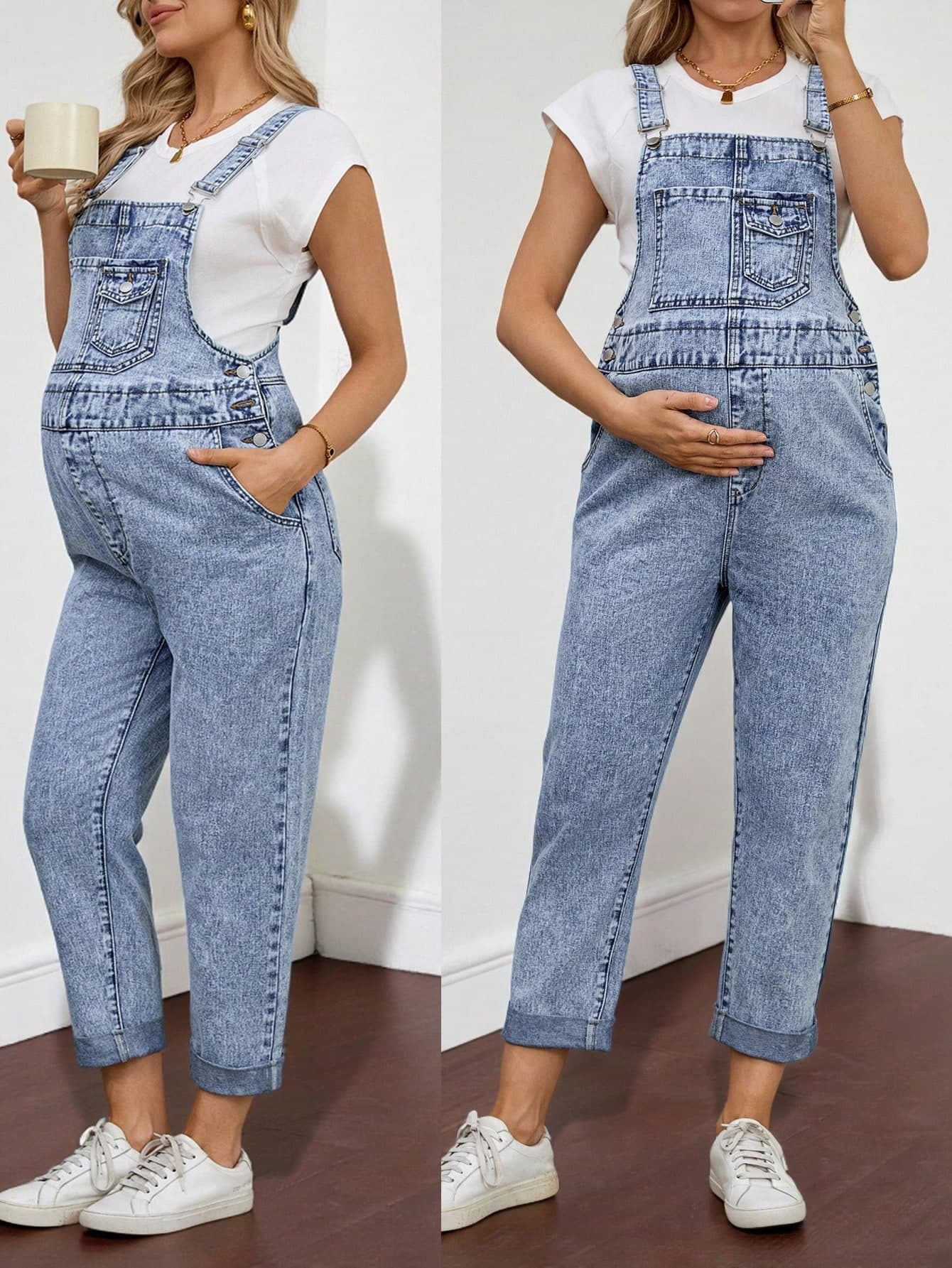 SHEIN Maternity Light Blue Summer Denim Jumpsuit,Smart Casual Loose Fit Overalls With Pockets,Sleeveless Wash Denim Adjustable Straps Chic Y2k Streetwear