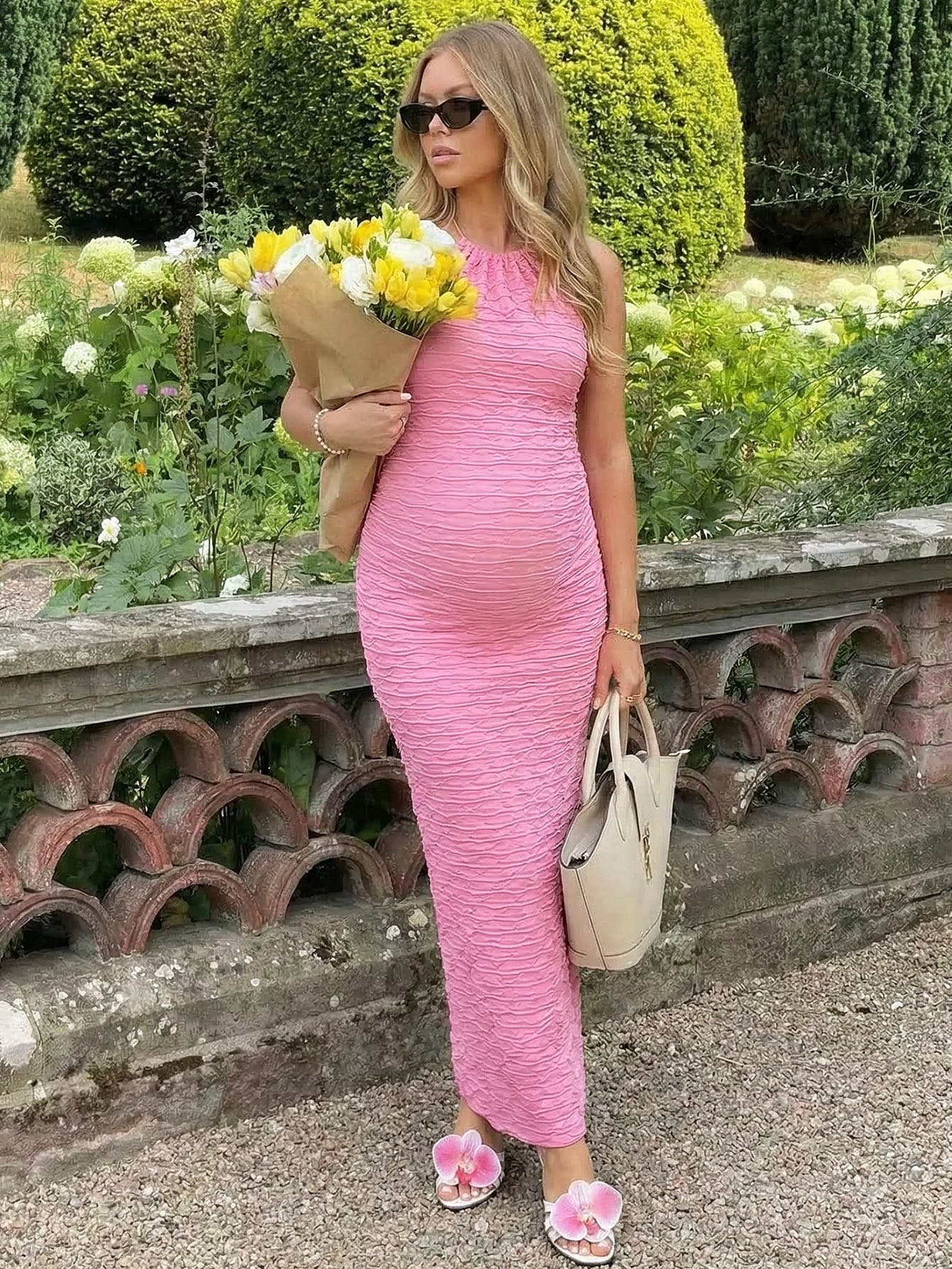 Lyckli Maternity Sleeveless Fitted Ruched Long Dress For Summer Summer Outfits Pregnancy Dress For Photoshoot  Vacation Outfits Pink Dress