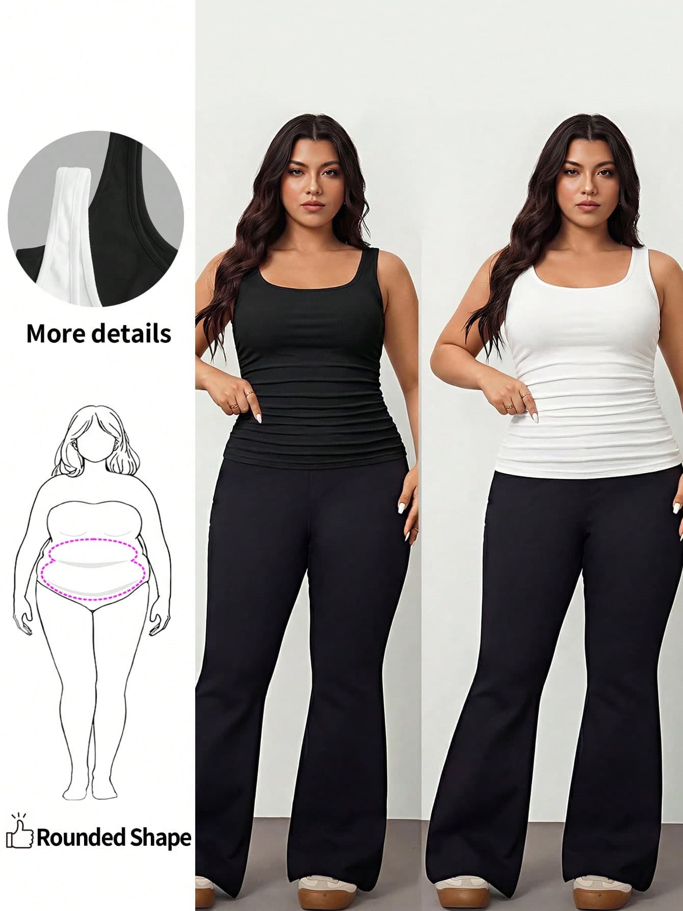 Enliva 2pcs Plus Size Women Vacation Casual Black & White Ruched Waist Tight Fitting Tank Tops, Suitable For Daily Wear, Versatile, Y2K Style Curvy Tops Tight Tank Tops Fitted Tops, For Apple And Rounded Body Shape