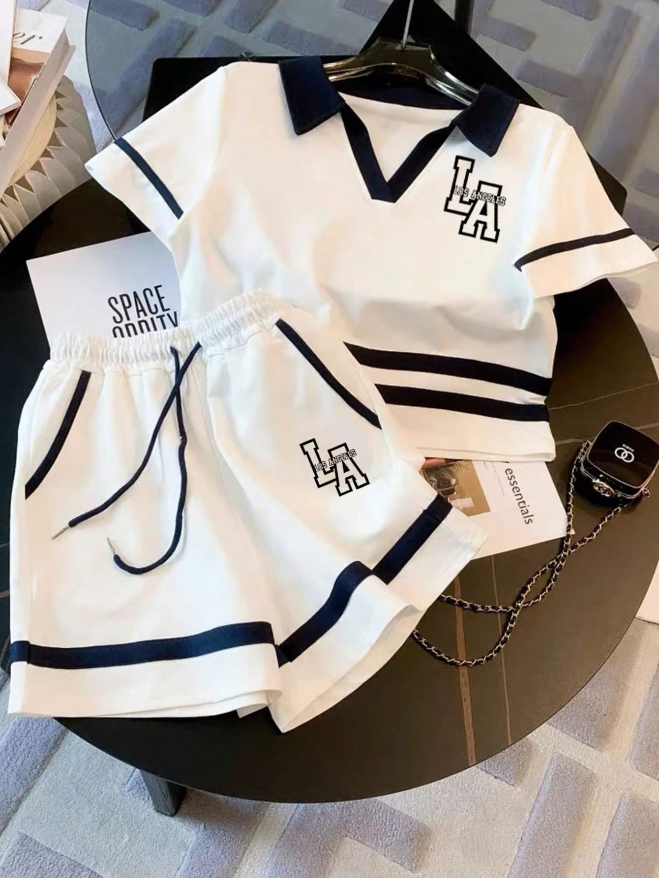 Franclia Fitted Polo Collar Raglan Short Sleeve Top + Casual Shorts Set