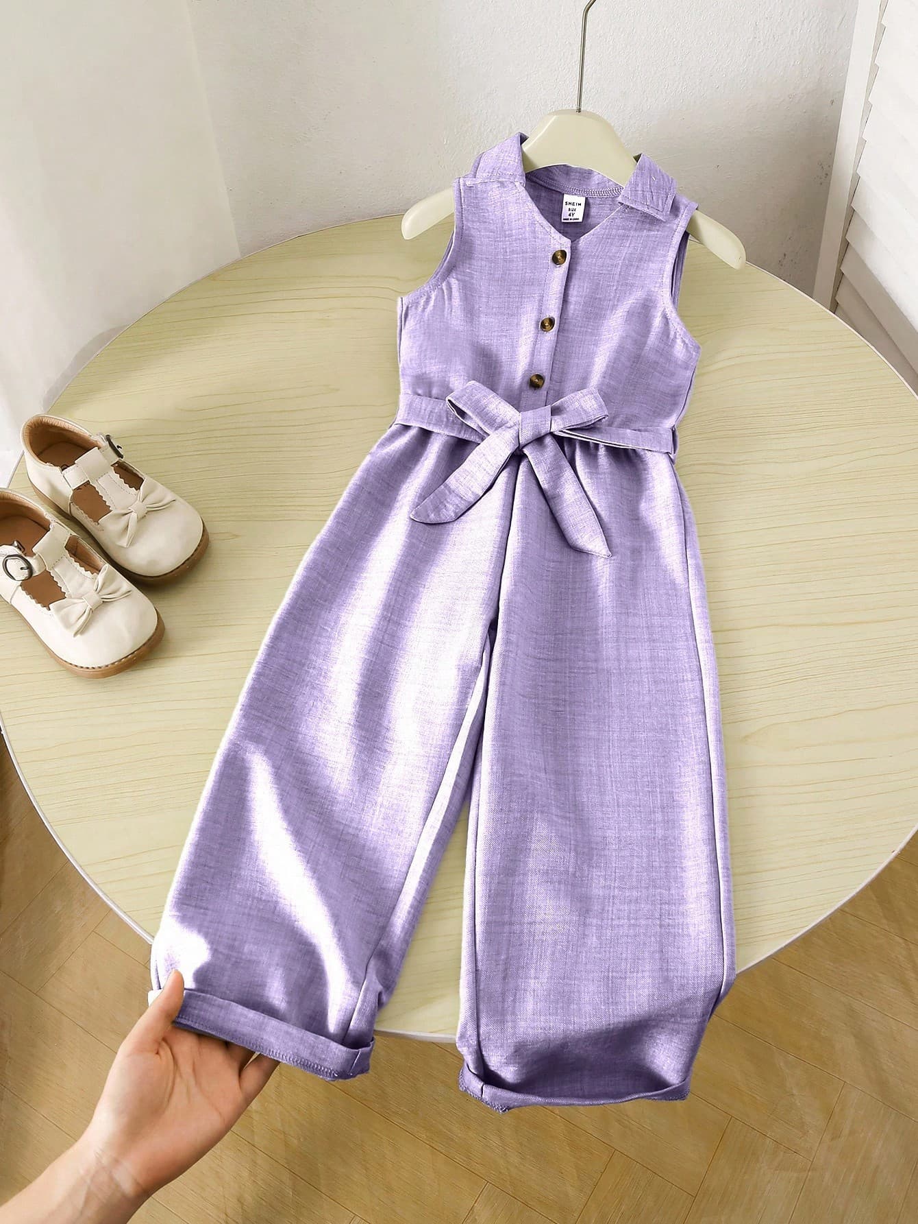 SHEIN Genkimix Kids Girls' Baby Purple Soft Crinkle Denim Look Jumpsuit Pants,Summer Matching Family Vacation Collared Button-Front Belted Casual Outfits For Daily Wear
