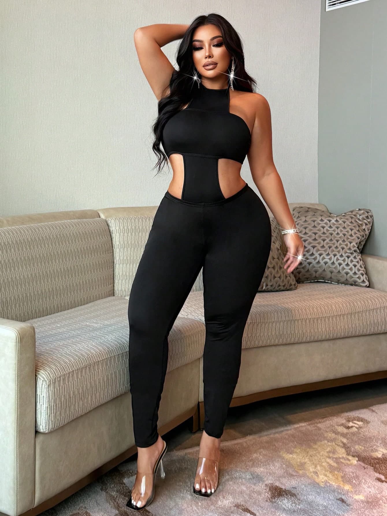 NU&NOW Plus Size Women's Sleeveless Jumpsuit, Tight Fit Stretchy Sexy Black Pants For Outing & Party, Summer
