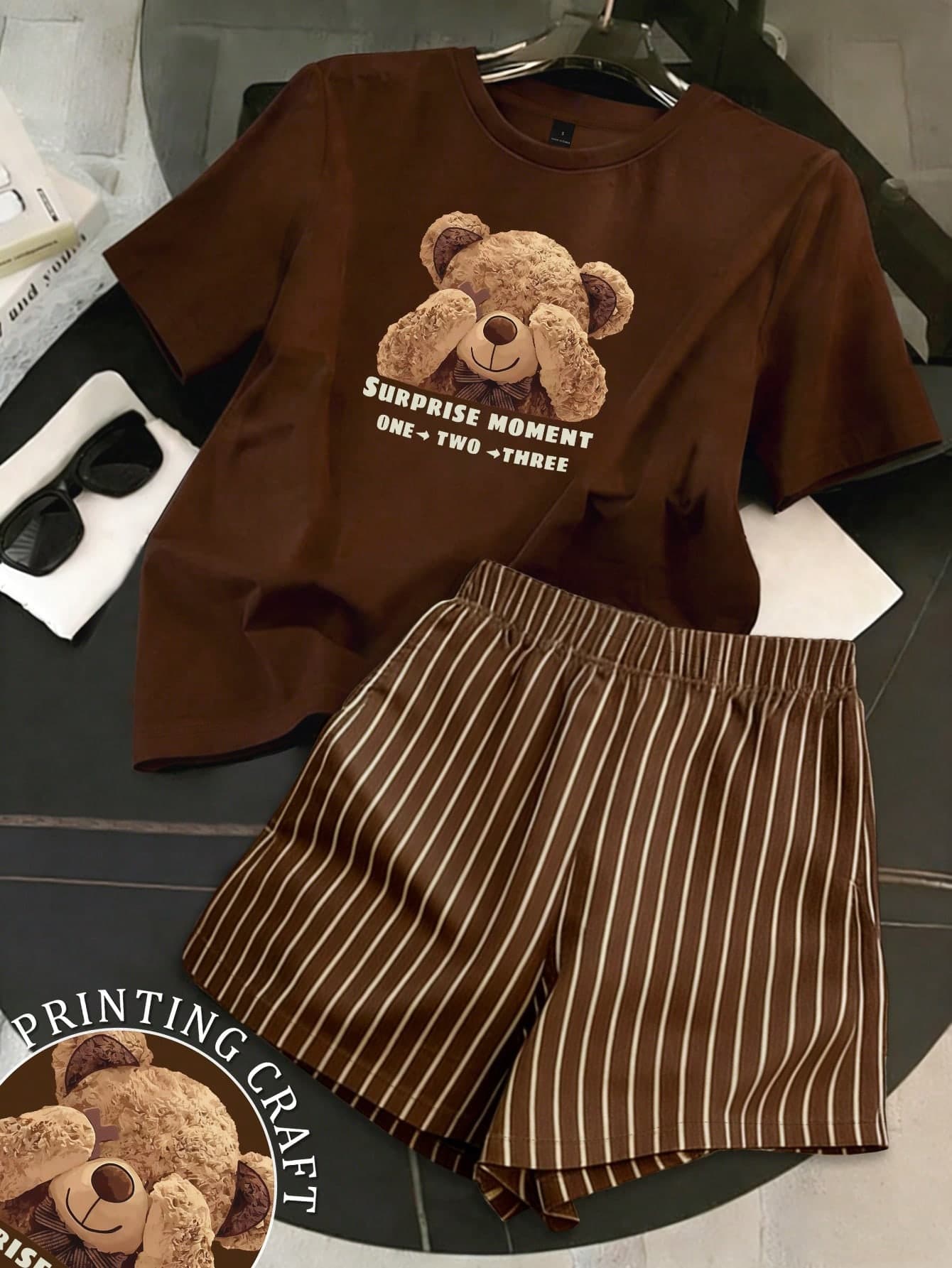 Resyla Women's Letter & Cartoon Bear Print Short Sleeve T-Shirt And Striped Shorts Casual 2-Piece Set