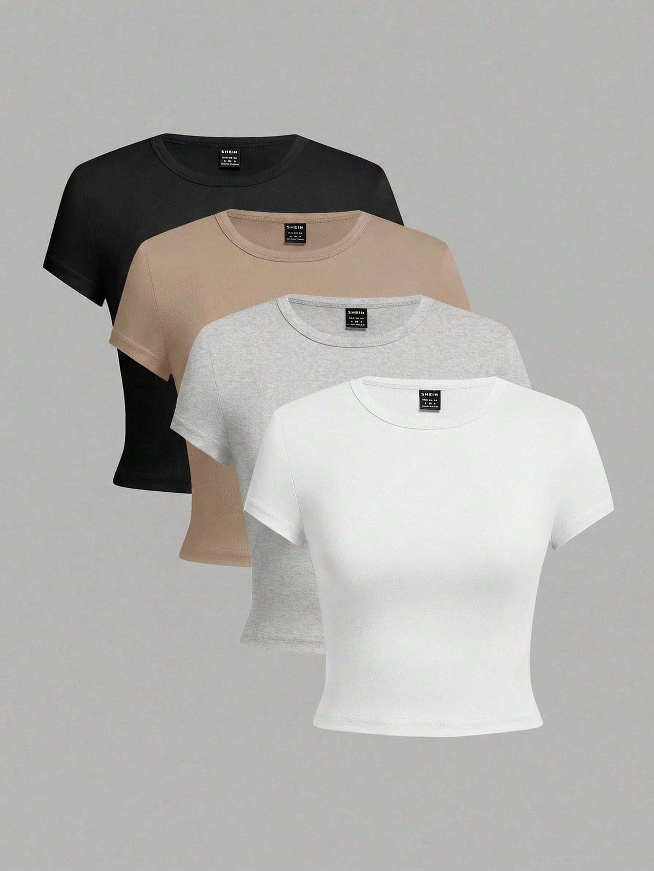 SHEIN EZwear 4pcs Set Casual Round Neck Raglan Short Sleeve Fitted Women T-Shirts, Suitable For Summer Basics Tops Basic Tees 3 Pack Plain Tshirts Top