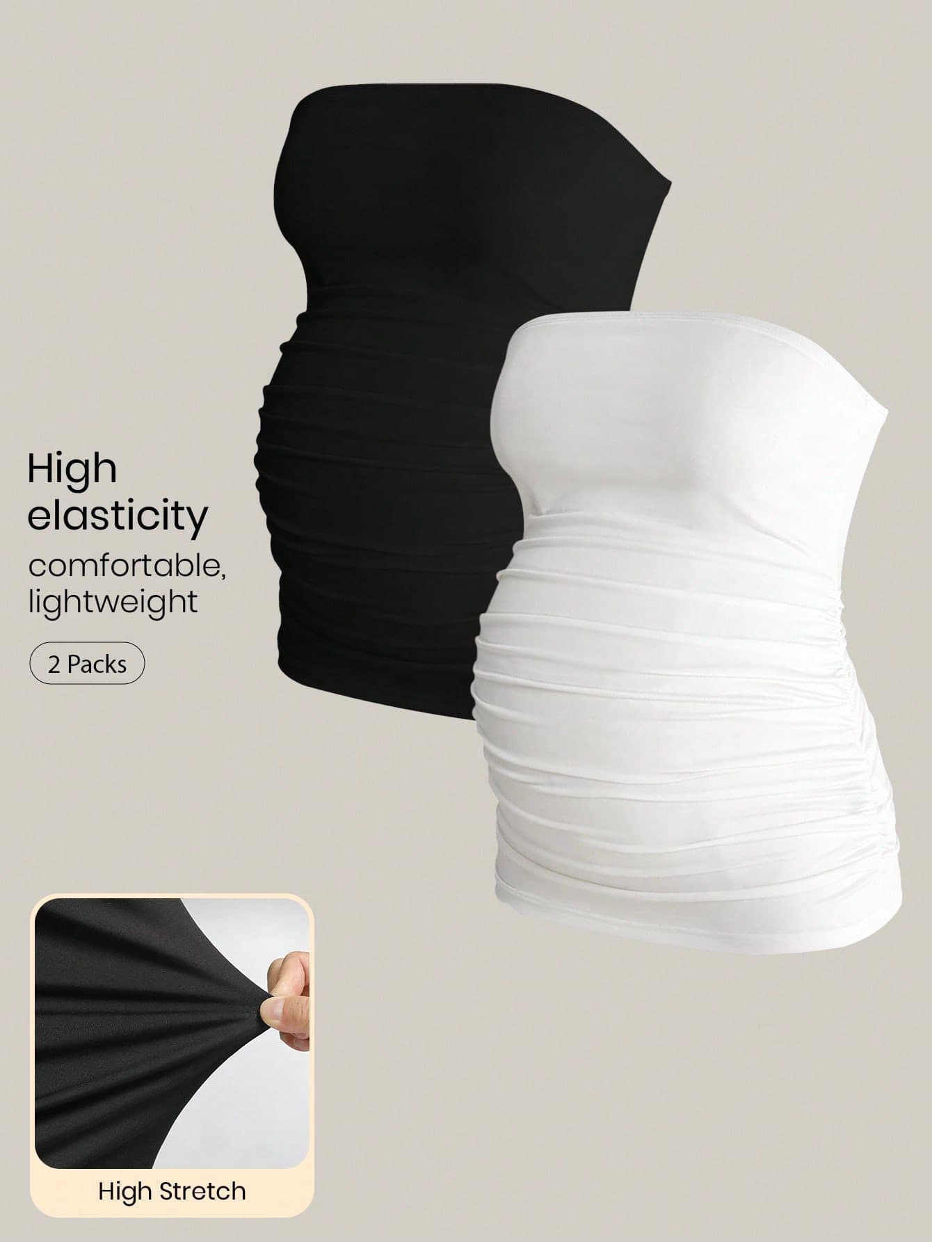 Modmama 2Pcs Maternity White Tube Top,Elegant Casual Maternity Smart Casual Summer Strapless Tops For Pregnant Women,Everyday Pleated High Elasticity Tummy