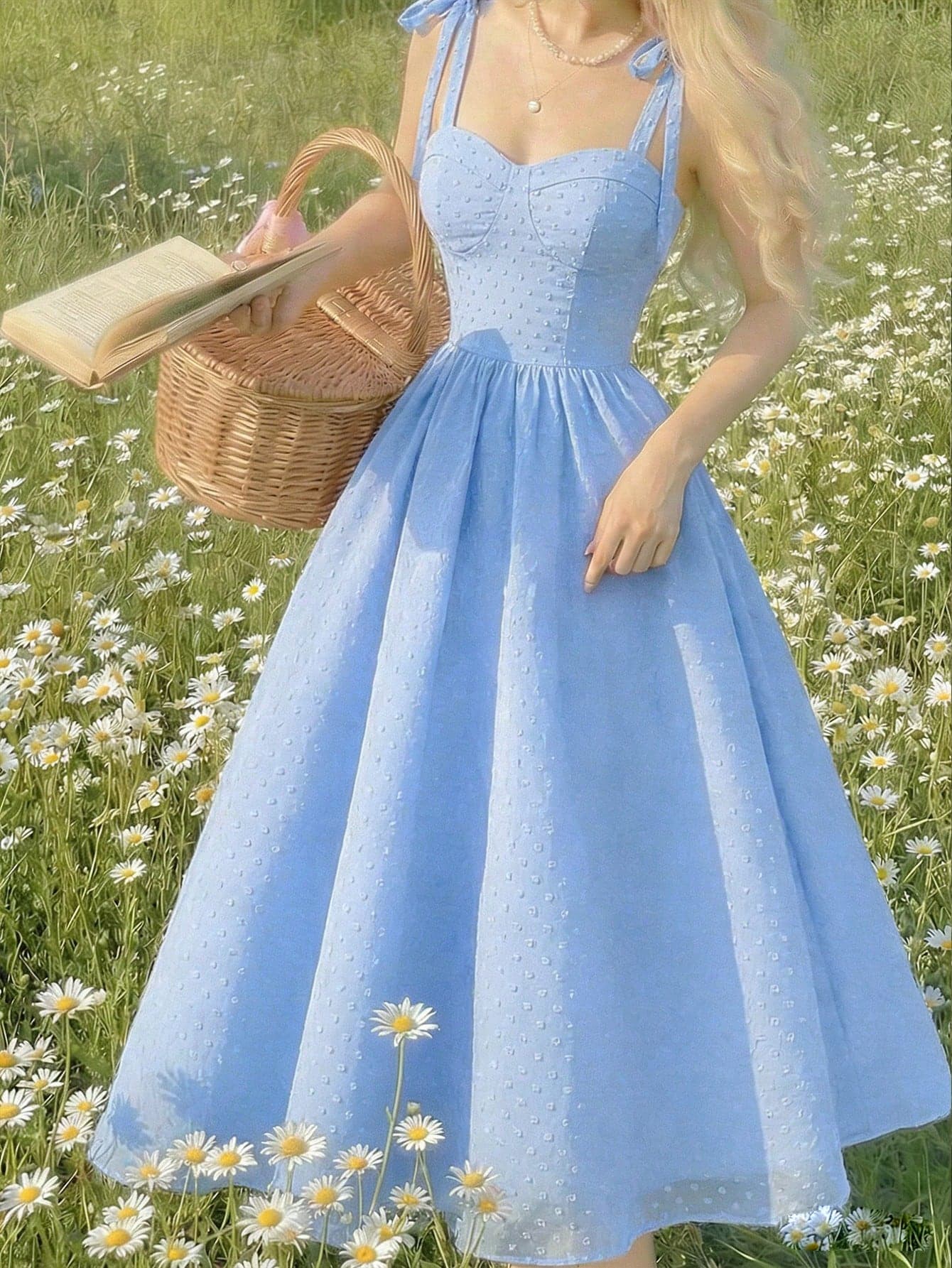 Skyraze Women's Light Blue Jacquard Pleated Elegant Waist-Cinched Long Strap Dress,Summer Modest Holiday Picnic Holiday Wedding Guest Graduation Party Dress