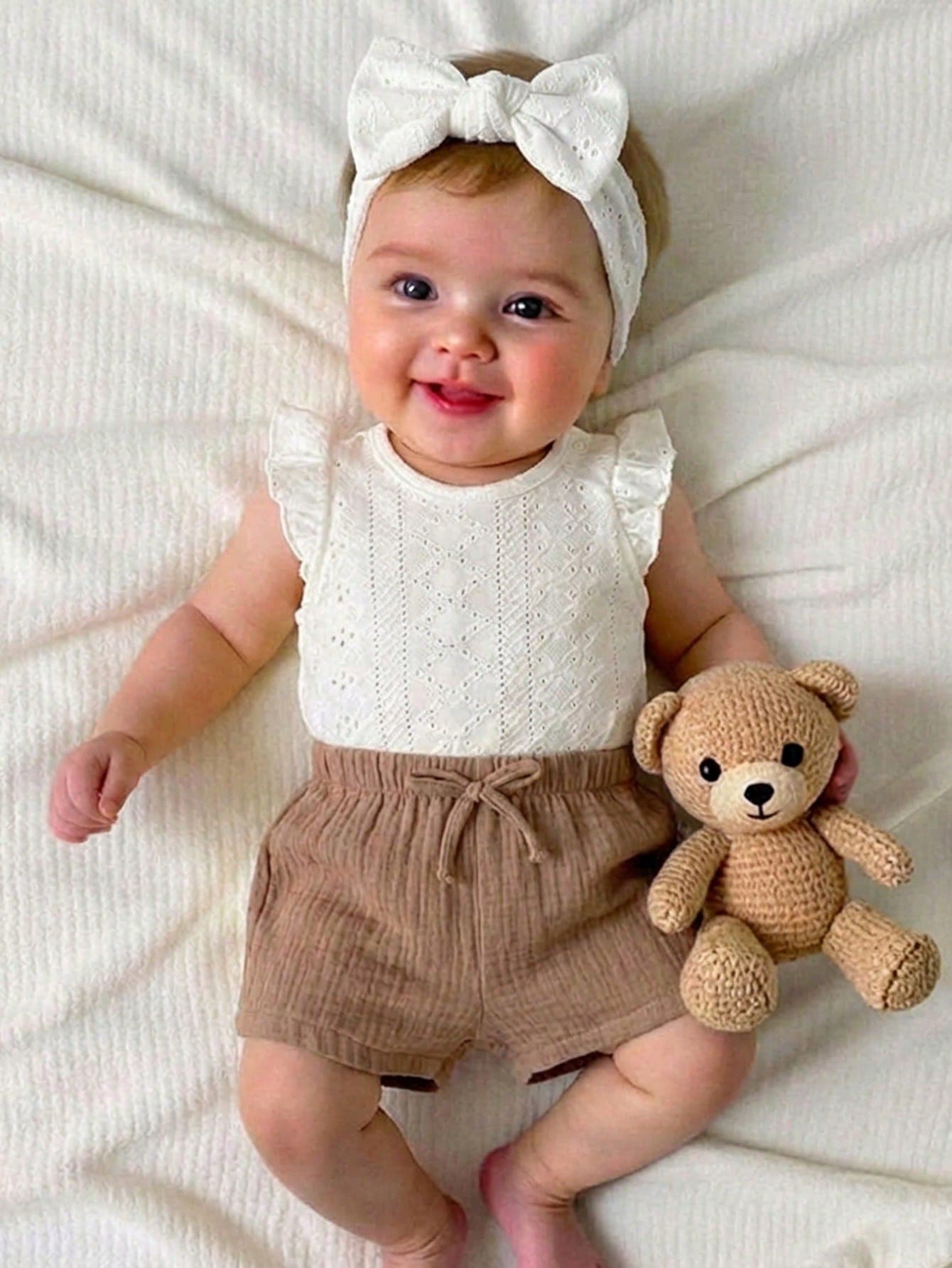 Baby Girl Summer Outfits Cute Brown And White Polka Dot Crochet Two Piece Set,Knitted Top & Shorts Set,Infant Neutral Clothes For Photo Shoot,Beige