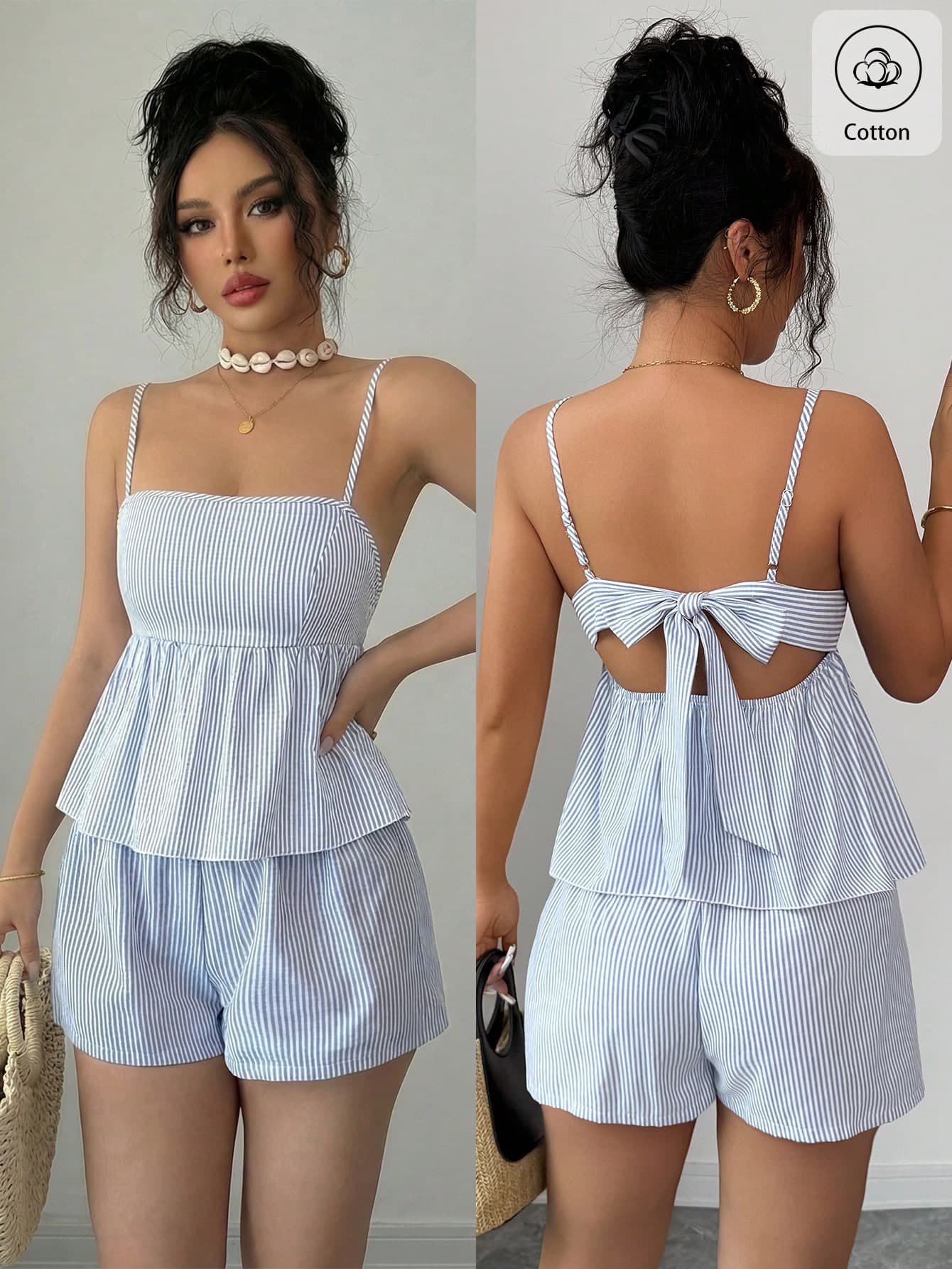 Elenzga Women's Blue And White Stripe Linen Camisole,Cute Backless Tie Summer Top & Low Waist Drawstring Loose Casual Short Beach Vacation Holiday Outfit