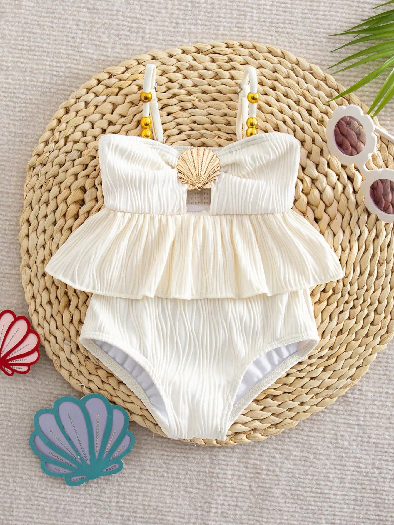 SHEIN Baby Girl One-Piece Swimsuit,Holiday White Ruffle Seashell Frilled Monokini,Cute Polyester Summer Beach Bathing Suit,Fashionable Toddler Swimwear