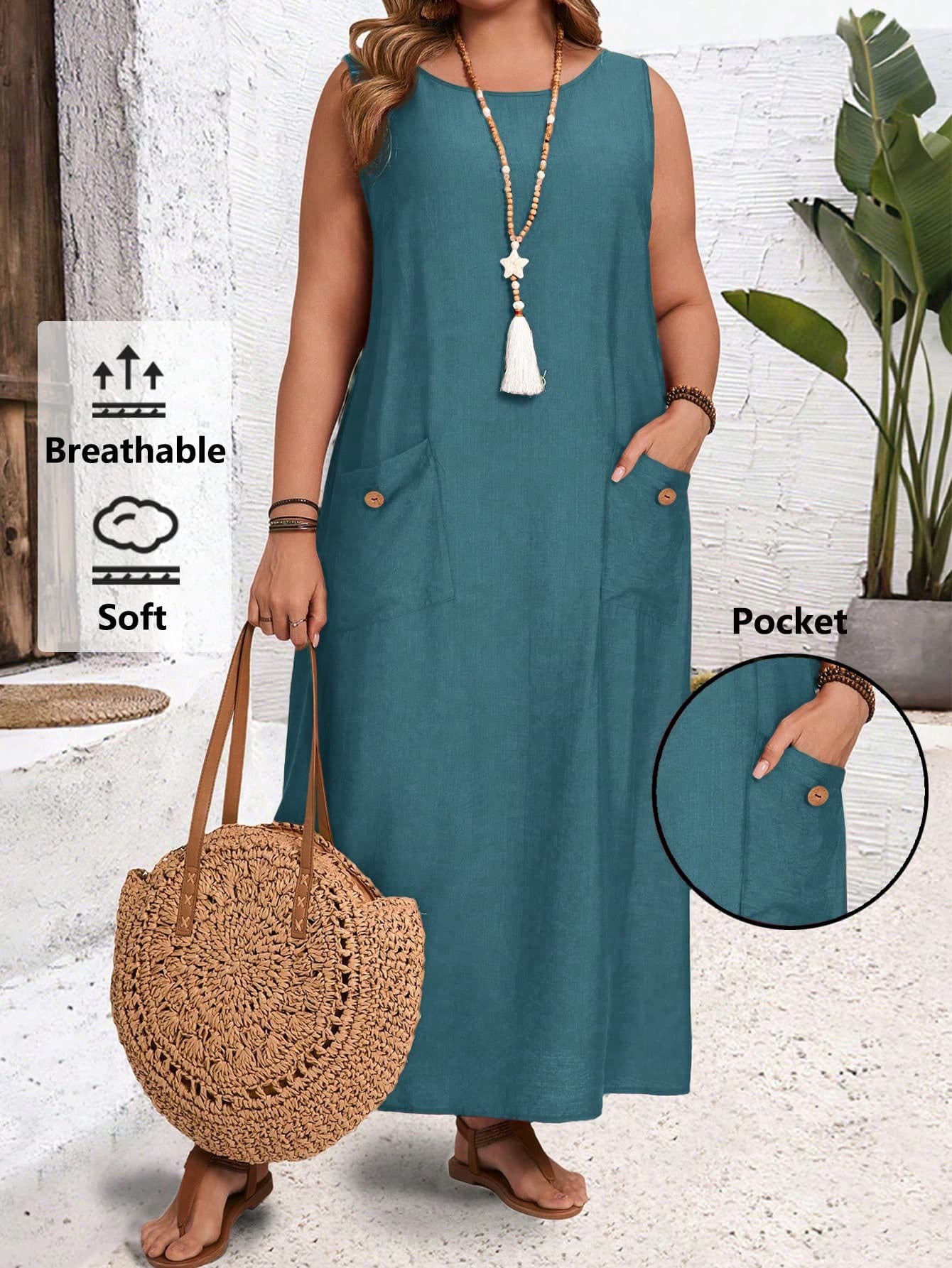 EMERY ROSE Plus Size Women's Solid Color Round Neck Pocket Design Casual Sleeveless Dress