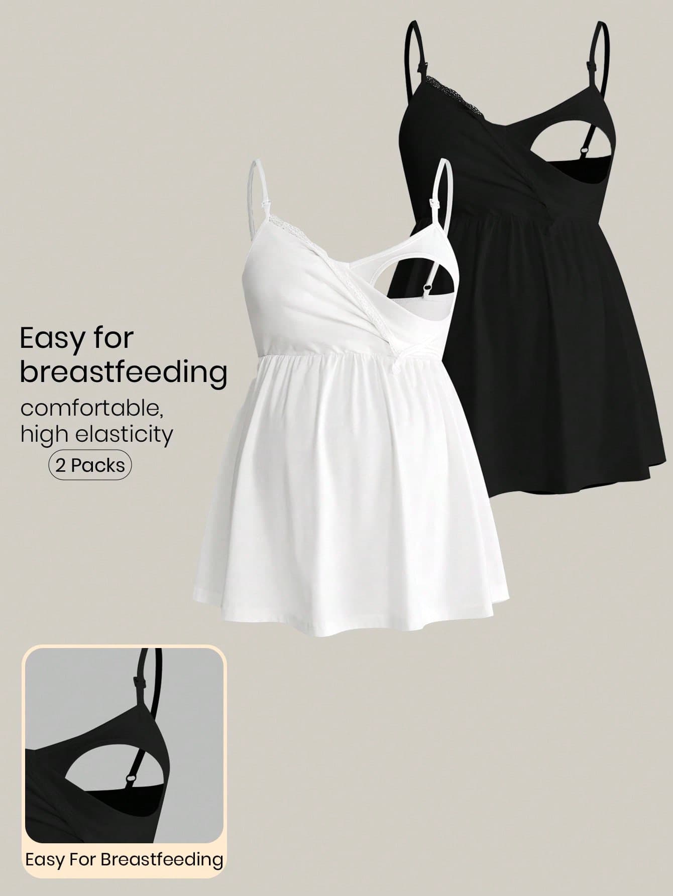Modmama 2-Piece Set White Maternity Camisoles, Casual Elegant Everyday Summer Outfits, Fashionable Ruffle Hem Nursing Breastfeeding Tops For Women Postpartum