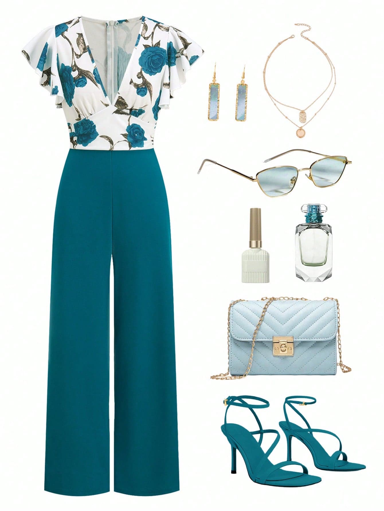Gownix Plus Size Women Elegant Deep V-Neck Butterfly Sleeve Jumpsuit,Light Teal Summer Flare Pants Set,Luxury Wedding Guest Formal Evening Party Long Dress