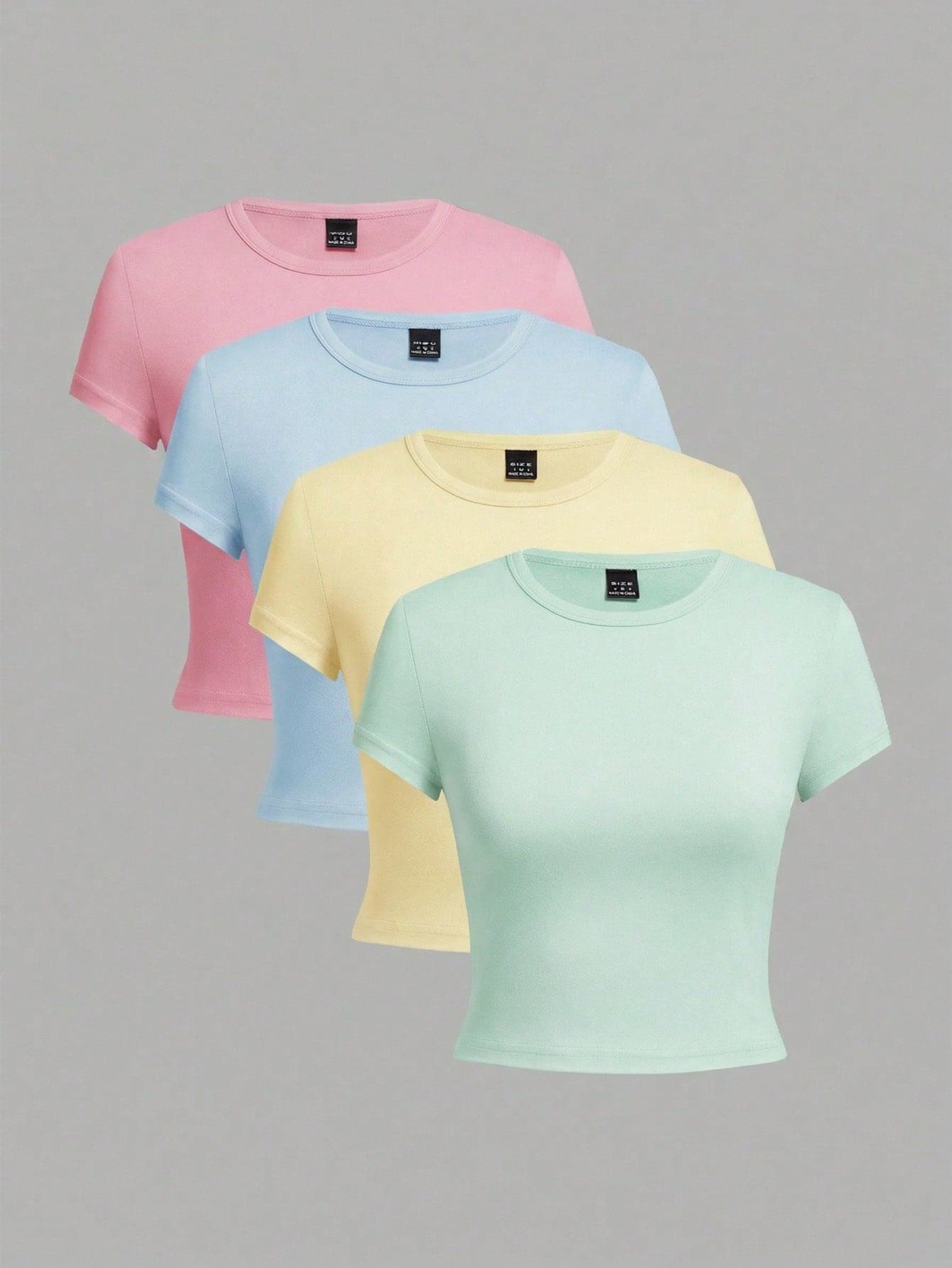 SHEIN EZwear 4pcs/Set Casual Round Neck Raglan Short Sleeve Fitted Women T-Shirts, Suitable For Summer 3 Pack Tops Crop Tees Cropped Pastel Tshirt,Summer Top