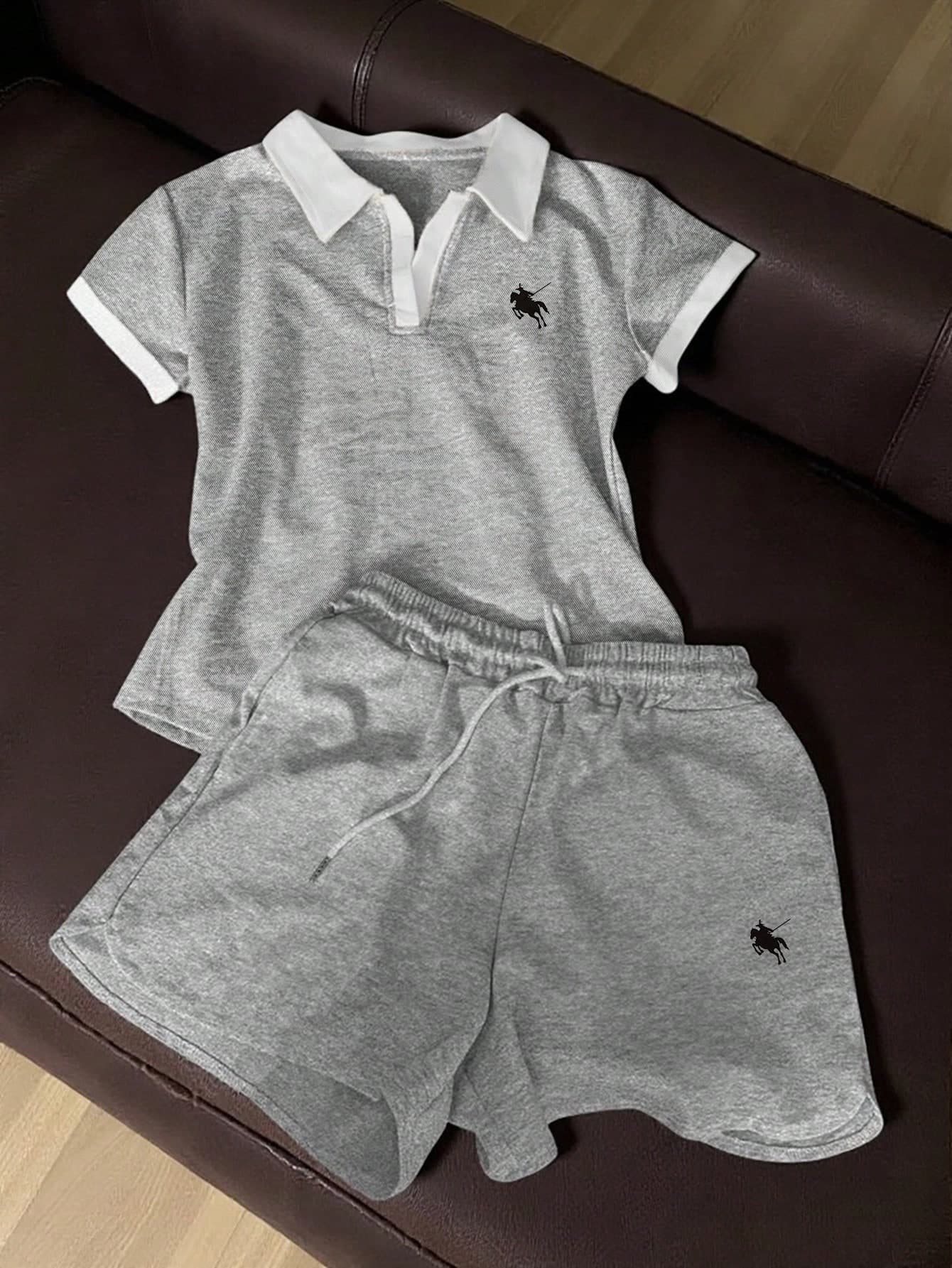 Resyla 2pcs Women Contrast Trim Embroidered Short Sleeve Top And Drawstring Waist Shorts Set