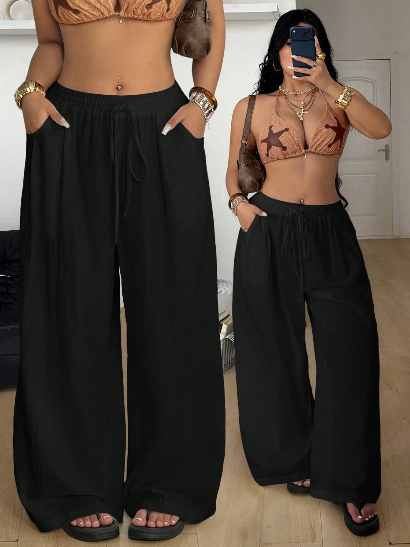 Coolane Women's Plus Size Summer Going Out Formal Casual Vacation Vacation Holiday Boho Traditional Drawstring Waist Cotton Loose High-Waist Black Pants