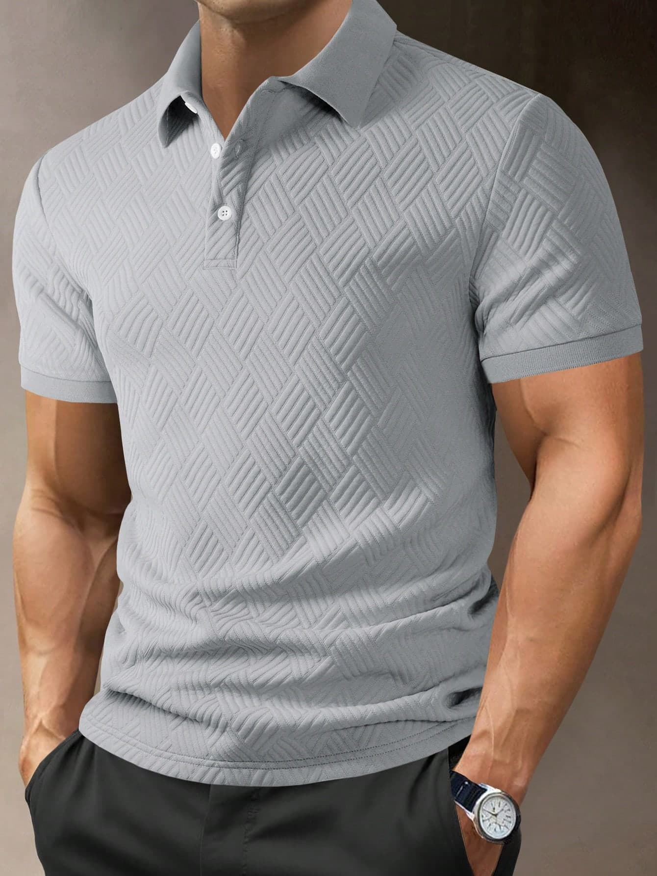 Manfinity Homme Men's Solid Color Casual Short Sleeve Textured Polo Shirt, Summer Grey Shirts For Men Golf Shirt, Formal