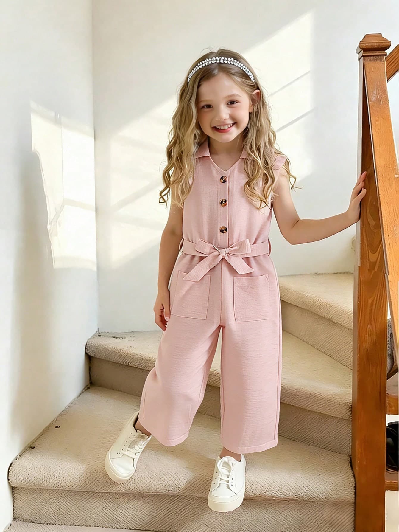 Elladie kids Girls' Cerise Pink Summer Jumpsuit,Collared Button-Front Belted Soft Crinkle Denim Look Playsuit For Kids,Family Matching Outdoor Picnic Outfit Sets