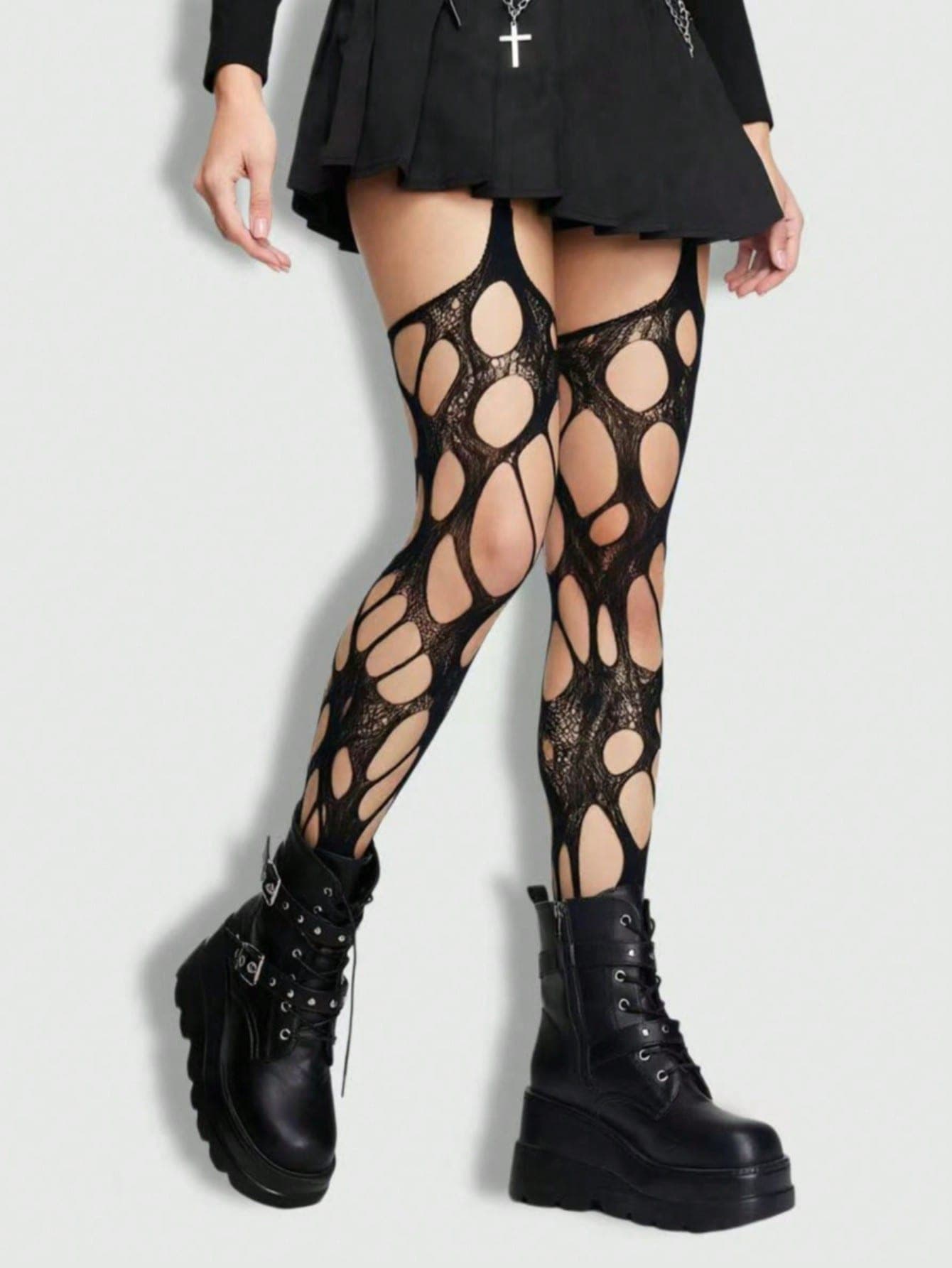 ROMWE Goth Sexy Lady Ripped Fishnet Black Tights
