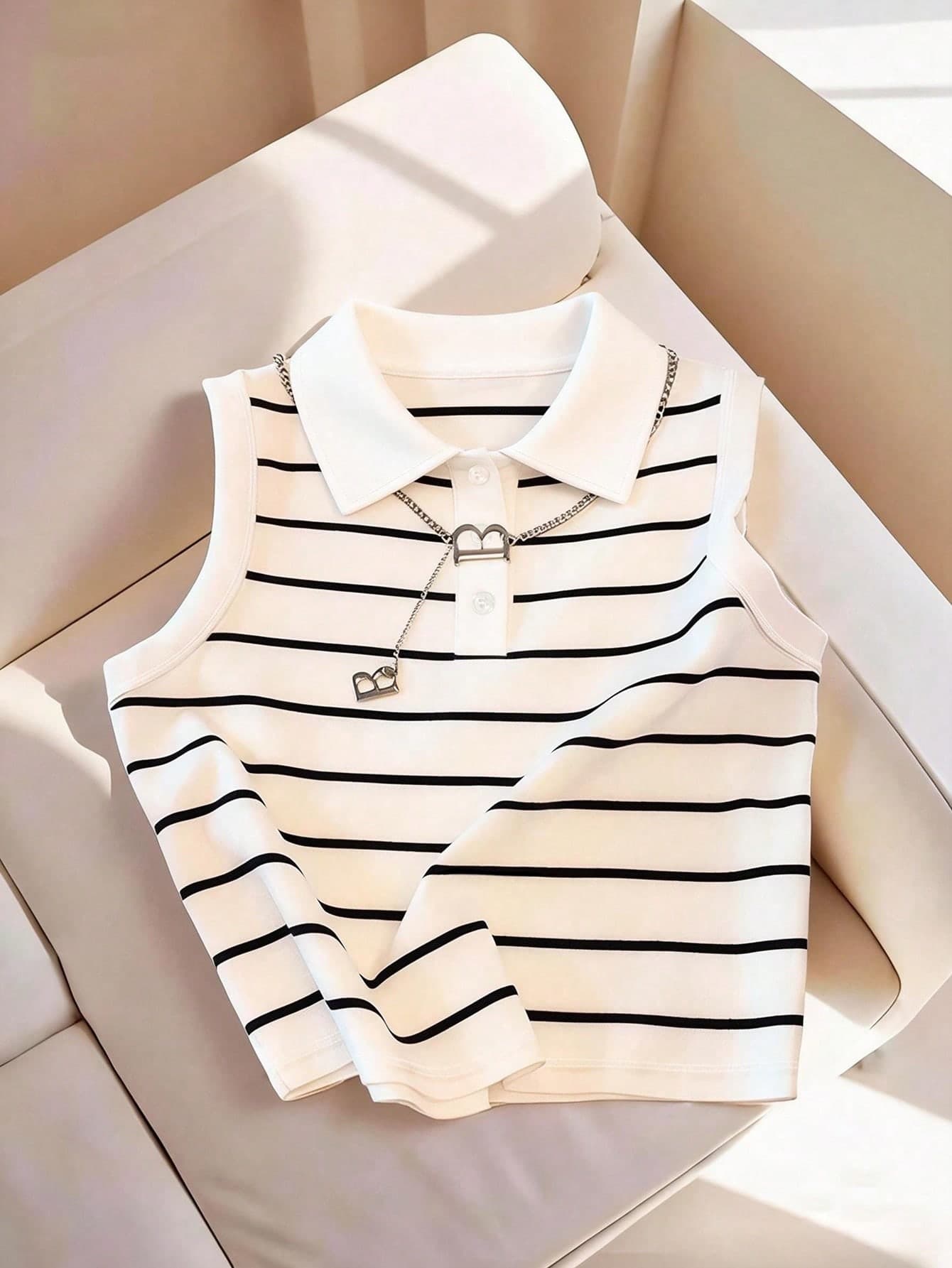 INAWLY Women Striped Polo Collar Casual Versatile Tank Top