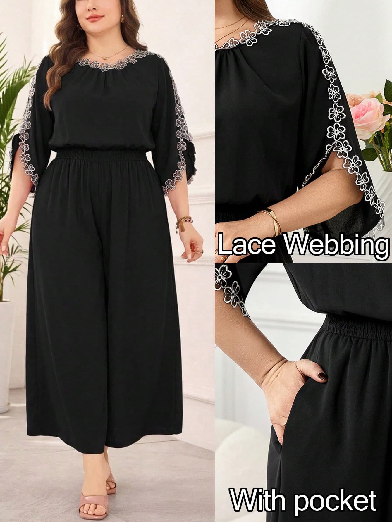 Reflora Plus Size Women's Jumpsuit,Elegant Black Jumpsuit With Floral Trim Collar,Long Wide Leg Pant Set,Summer Elegant Dinner Outfits With Elastic Waist