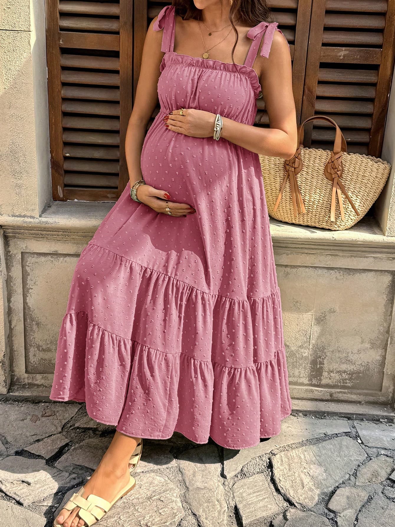 SHEIN Pregnant Women's Jacquard Pleated Knotted Shoulder Casual Party Outing Camisole Dress