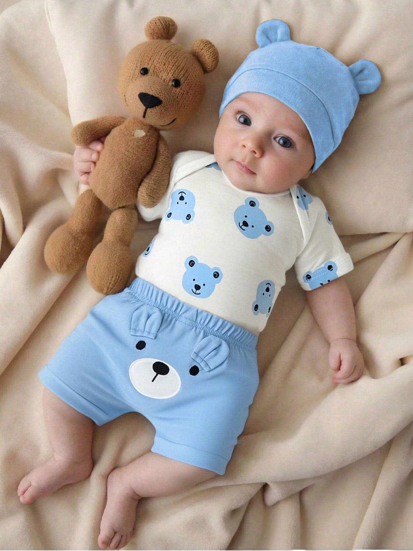 SHEIN 3pcs Baby Boys Cute Brown Bear Romper,Embroidered Shorts&Hat Set,Blue And White Stripe,Summer,Casual,Work Casual Outdoor Play Comfortable Home Wear